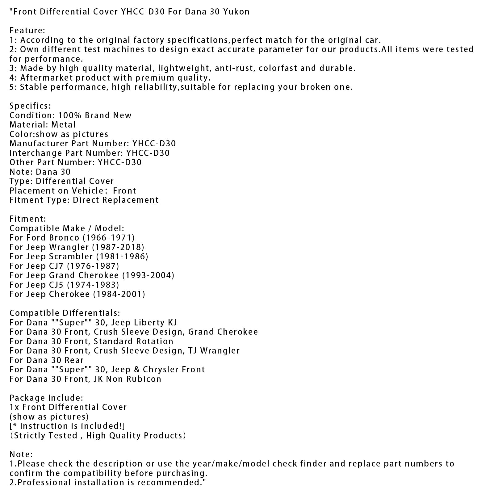 1981-1986 Jeep Scrambler Front Differential Cover for Dana 30 Yukon YHCC-D30