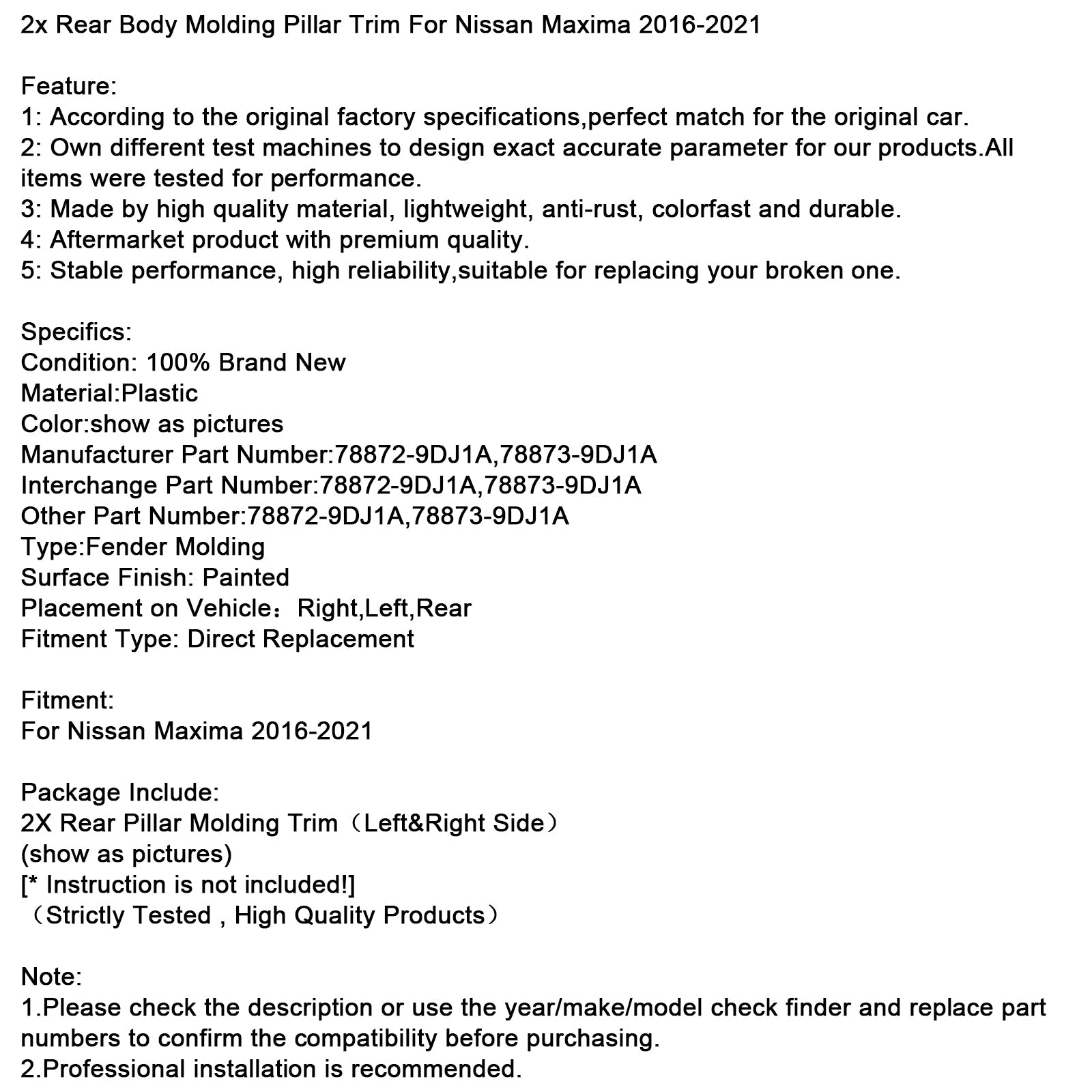 2016-2021 Nissan Maxima 2x Rear Body Molding Pillar Trim