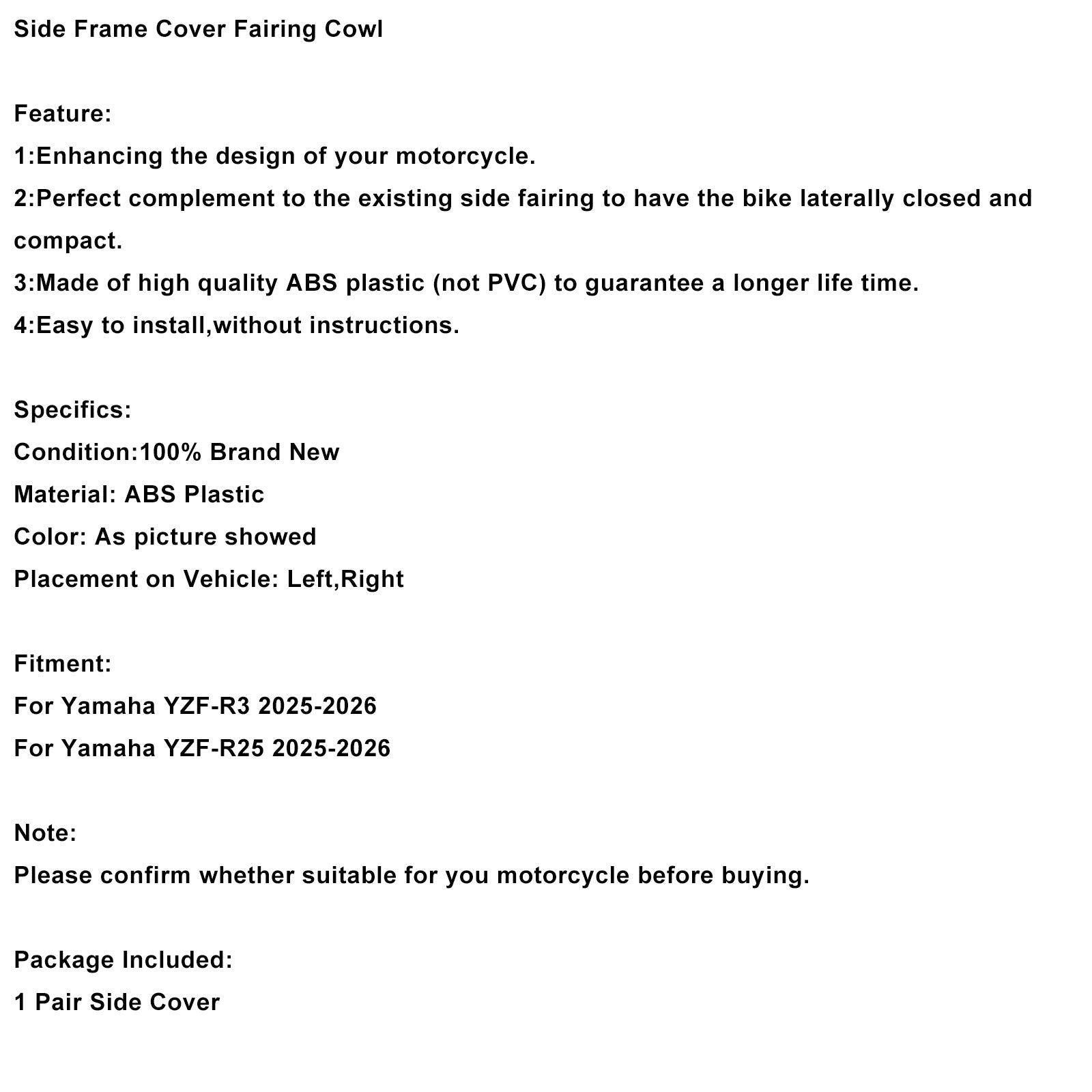 2025-2026 Yamaha YZF-R3 R25 Middle Side Frame Cover Fairing Cowl