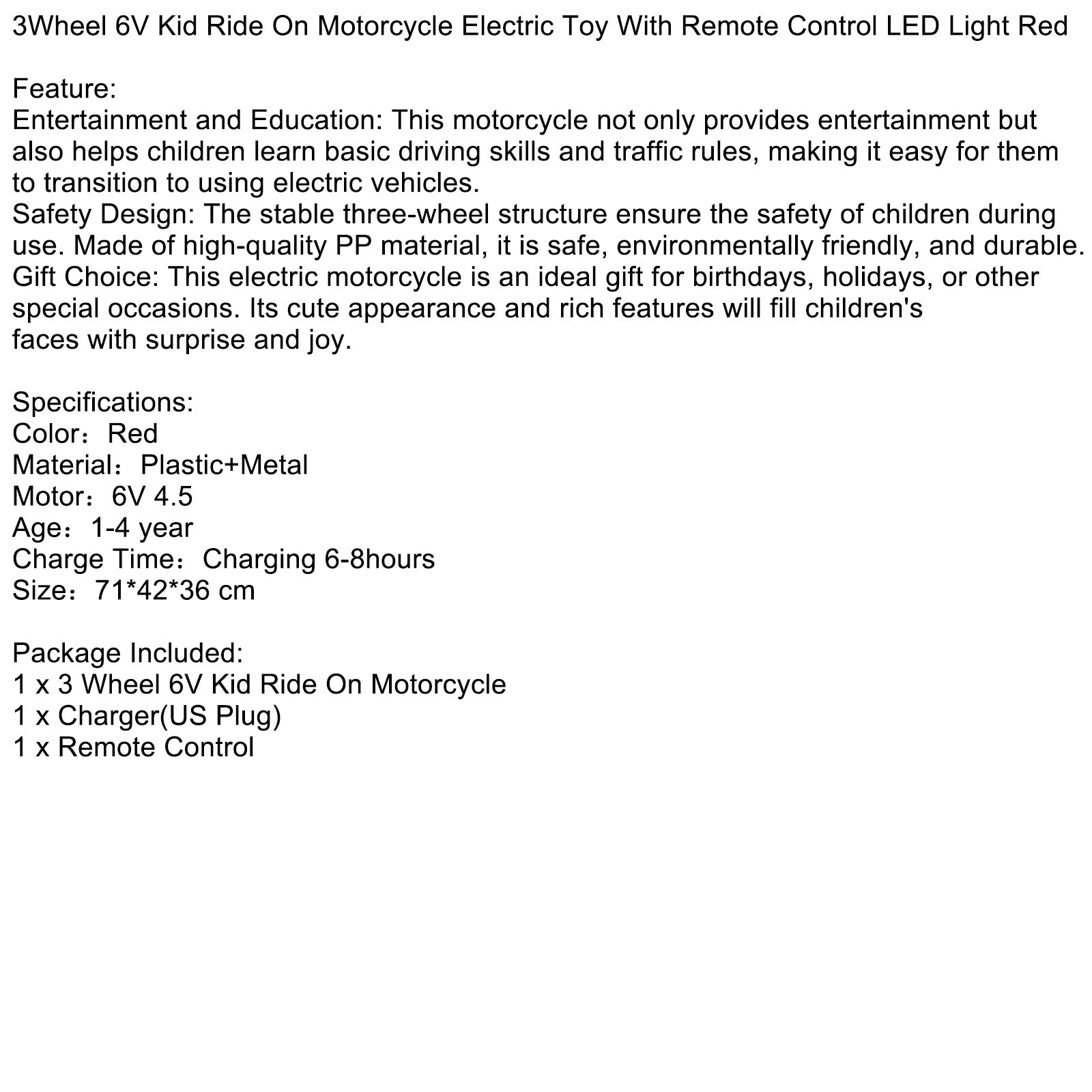 3Wheel 6V Kid Ride On Motorcycle Electric Toy With Remote Control LED Light Red