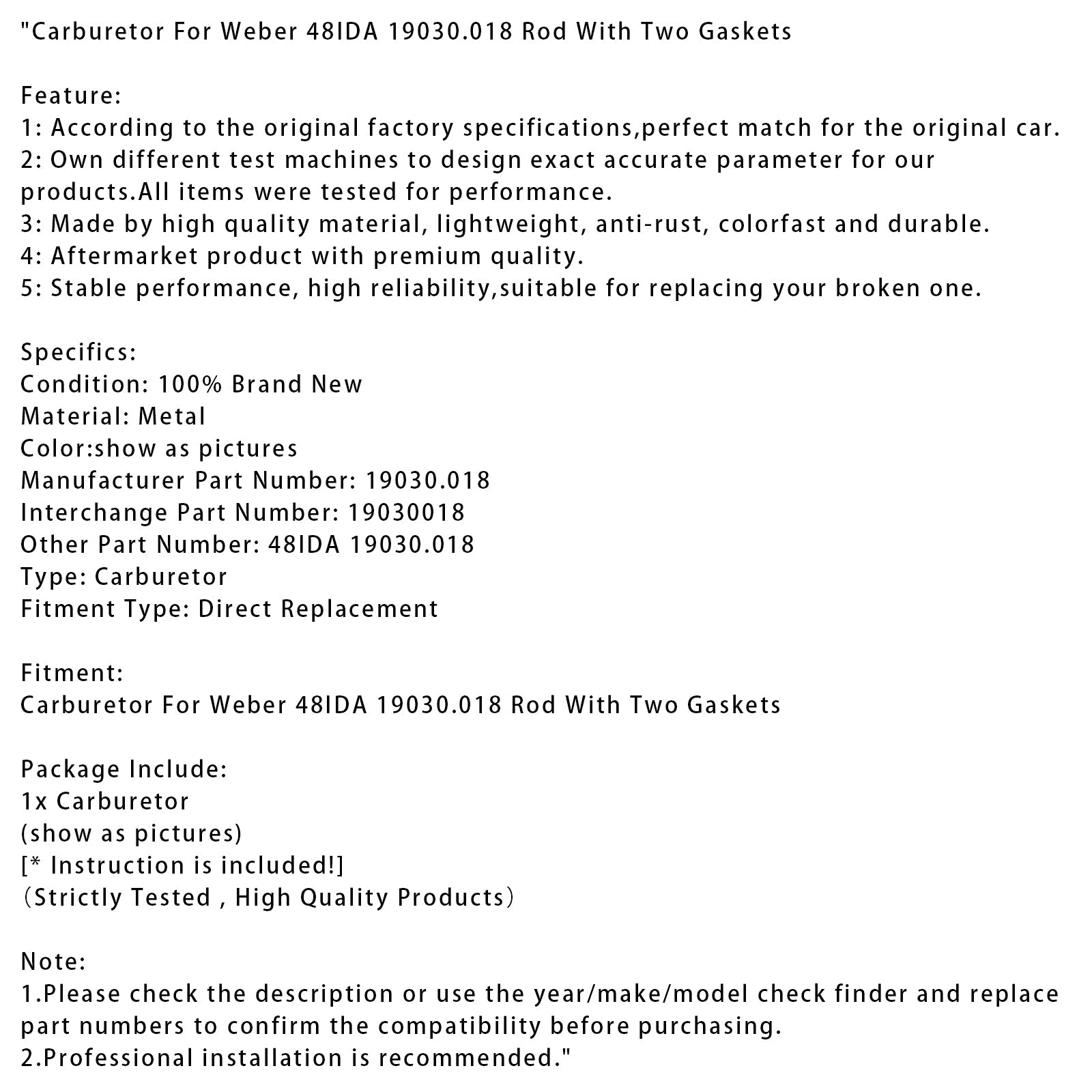 Carburetor For Weber 48IDA 19030.018 Rod With Two Gaskets