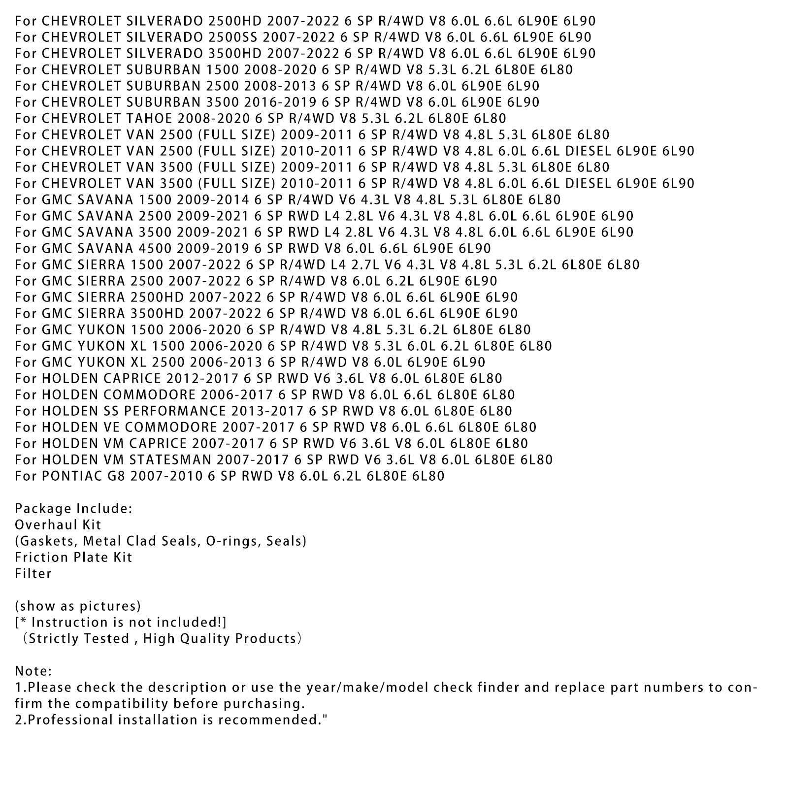2007-2022 GMC SIERRA 2500 6 SP R/4WD V8 6.0L 6.2L 6L90E 6L80 6L80E Transmission Master Rebuild