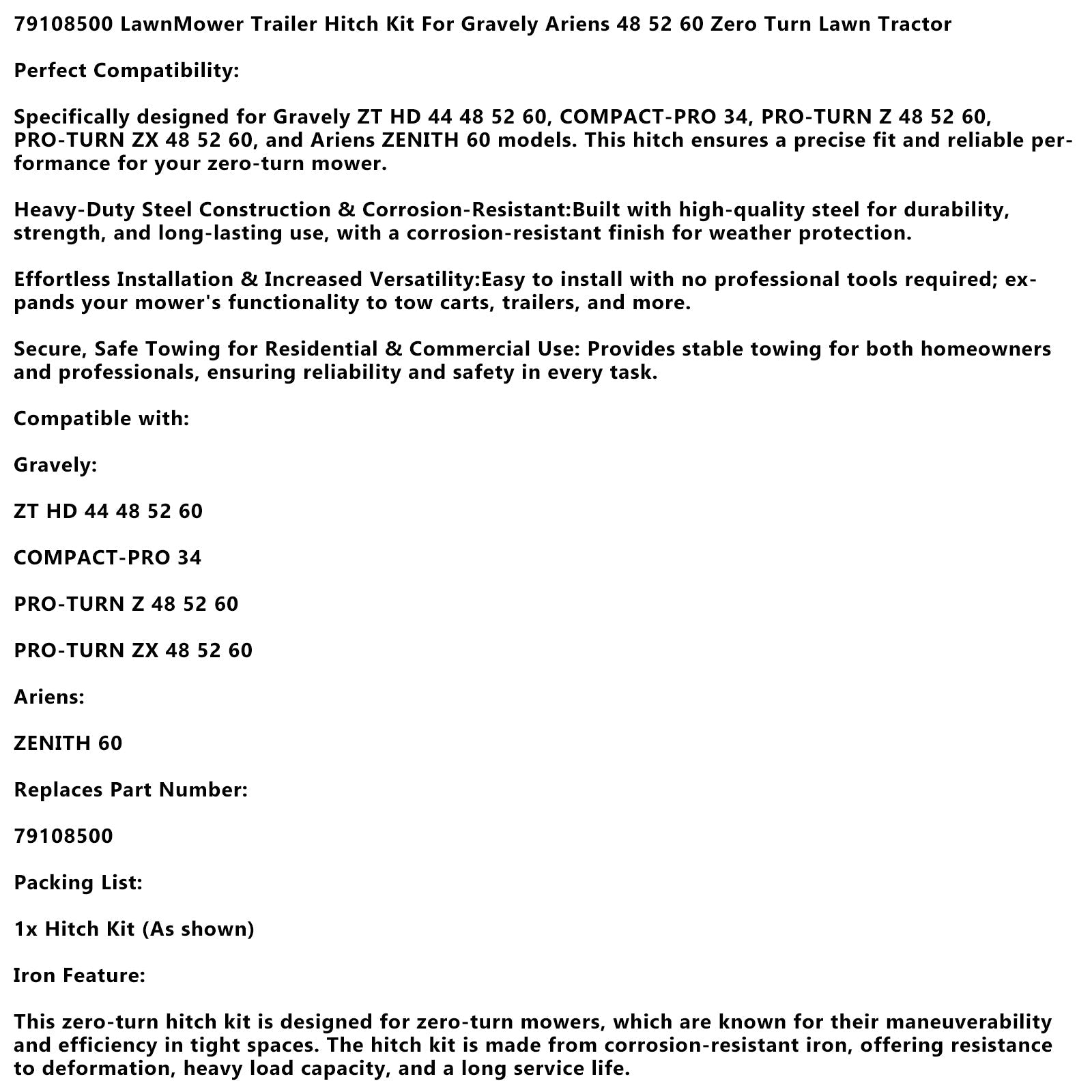 79108500 LawnMower Trailer Hitch Kit For Gravely Ariens48 52 60Zero Lawn Tractor