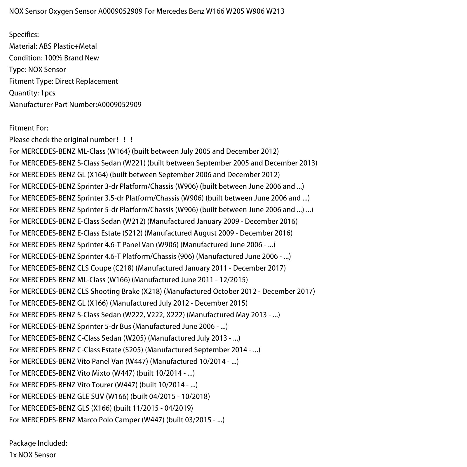 03.2015-up MERCEDES-BENZ Marco Polo Camper (W447) NOX Sensor Oxygen Sensor A0009052909