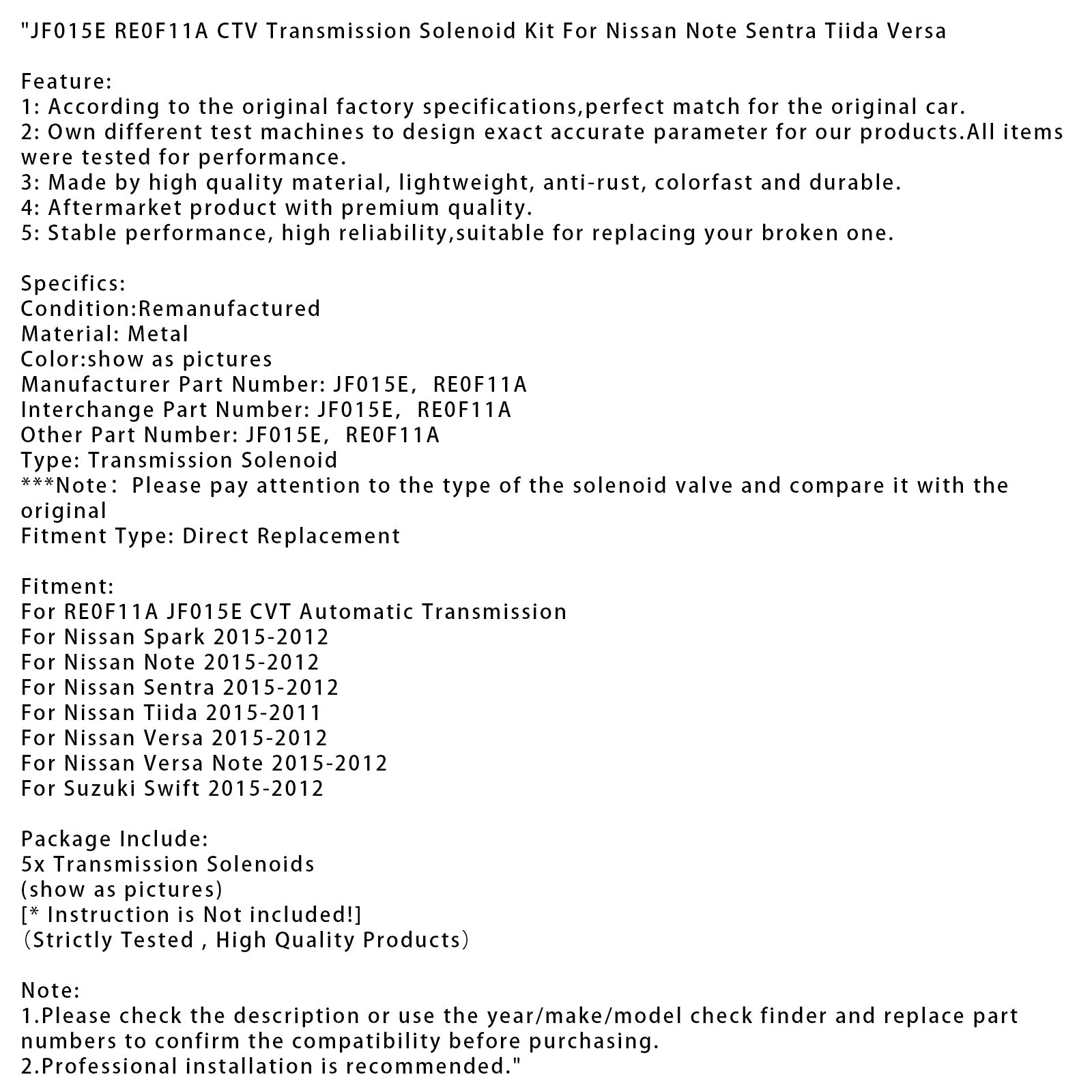 2015-2012 Nissan Spark JF015E RE0F11A CTV Transmission Solenoid Kit