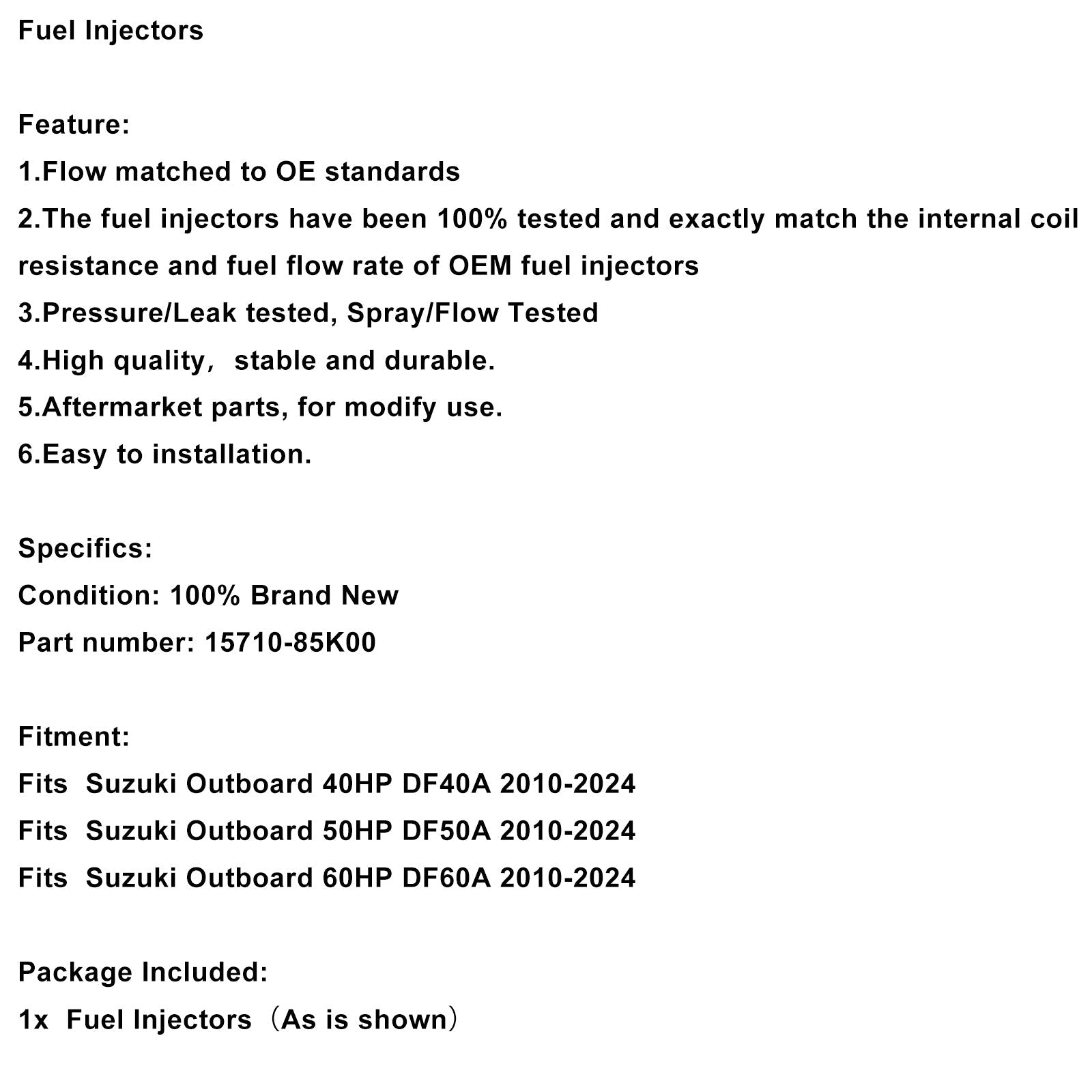 2010-2024 Suzuki DF40A DF50A DF60A Fuel Injectors 15710-85K00