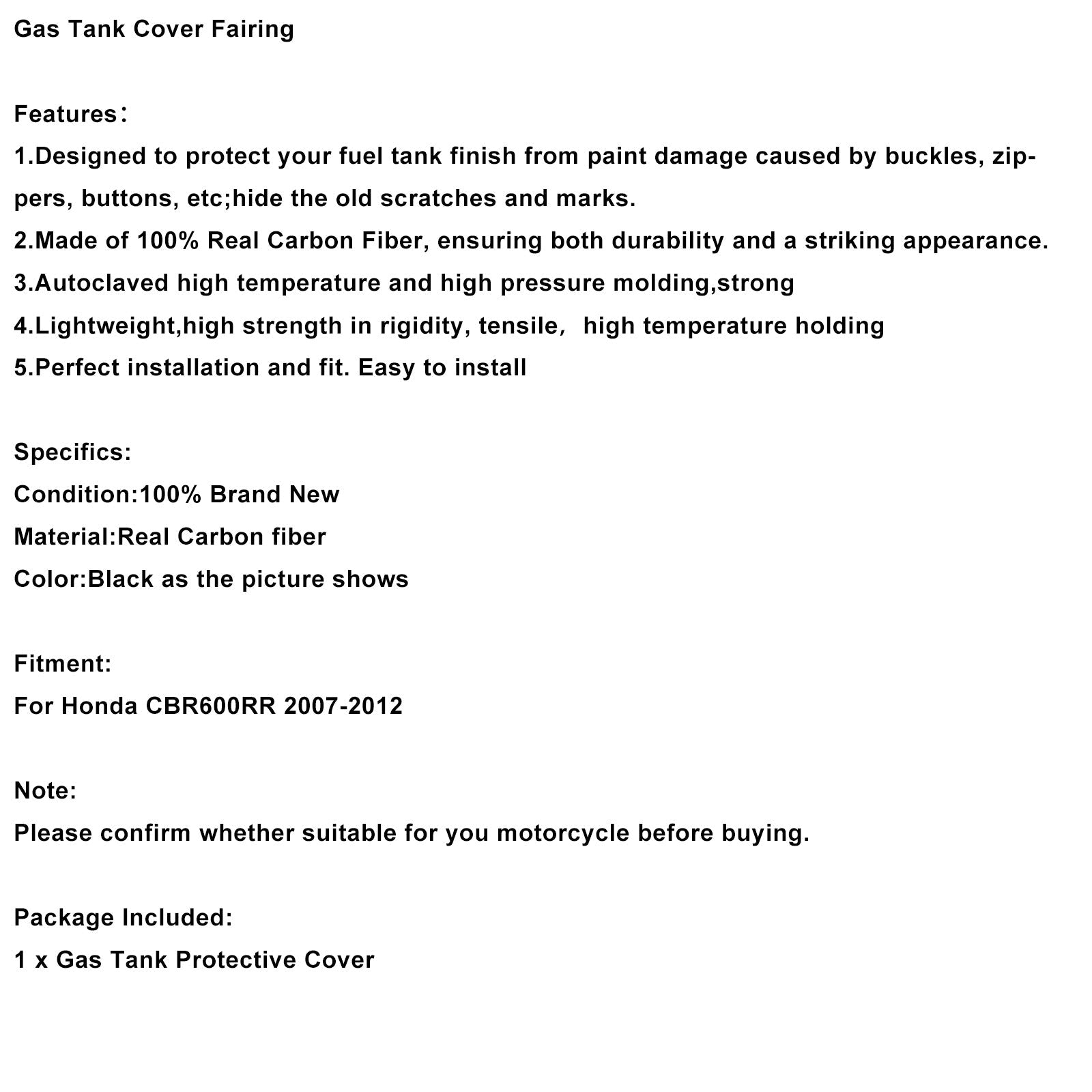 2007-2012 Honda CBR600RR Real Carbon Fiber Tank Cover Fairing