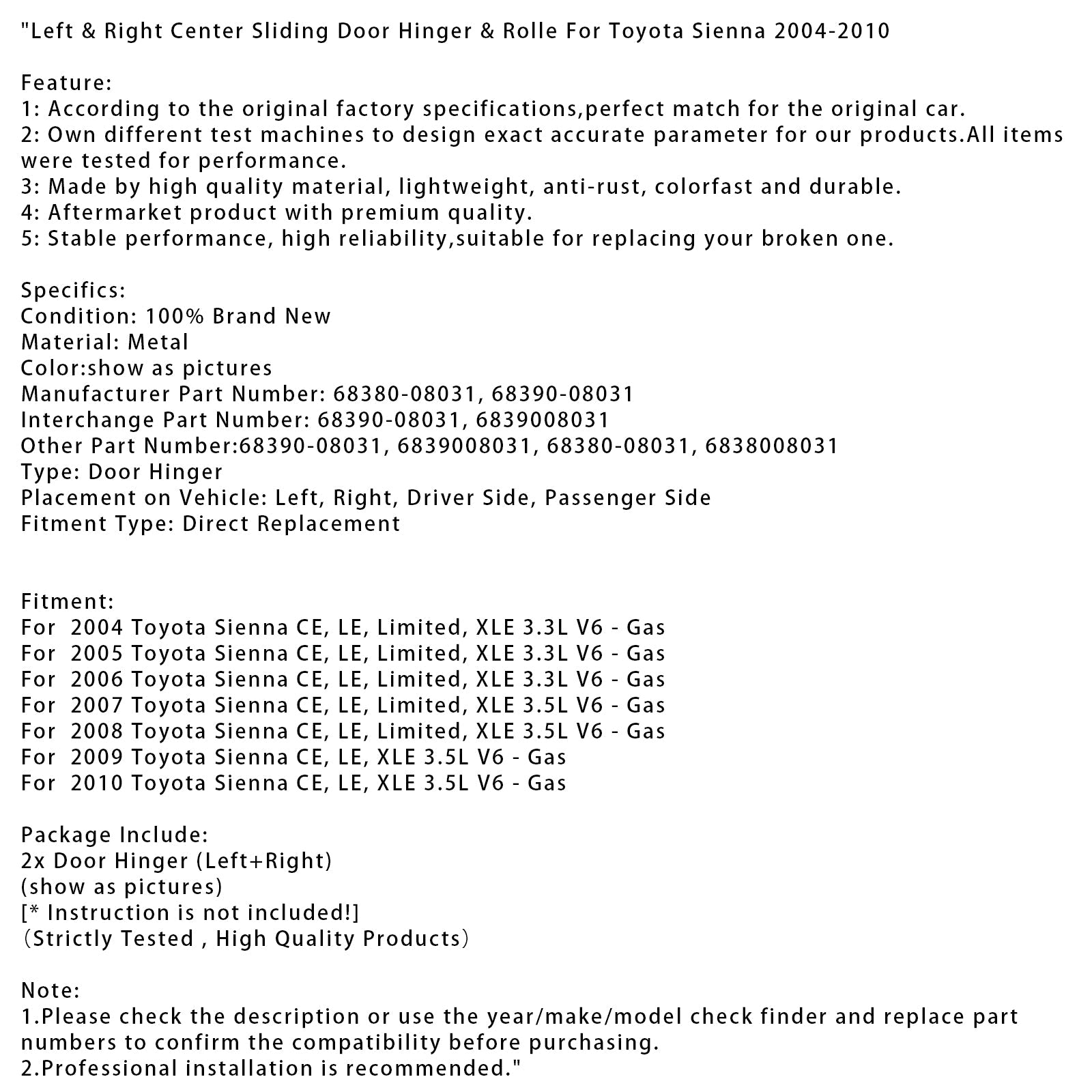 2004-2010 Toyota Sienna Left & Right Center Sliding Door Hinger & Rolle