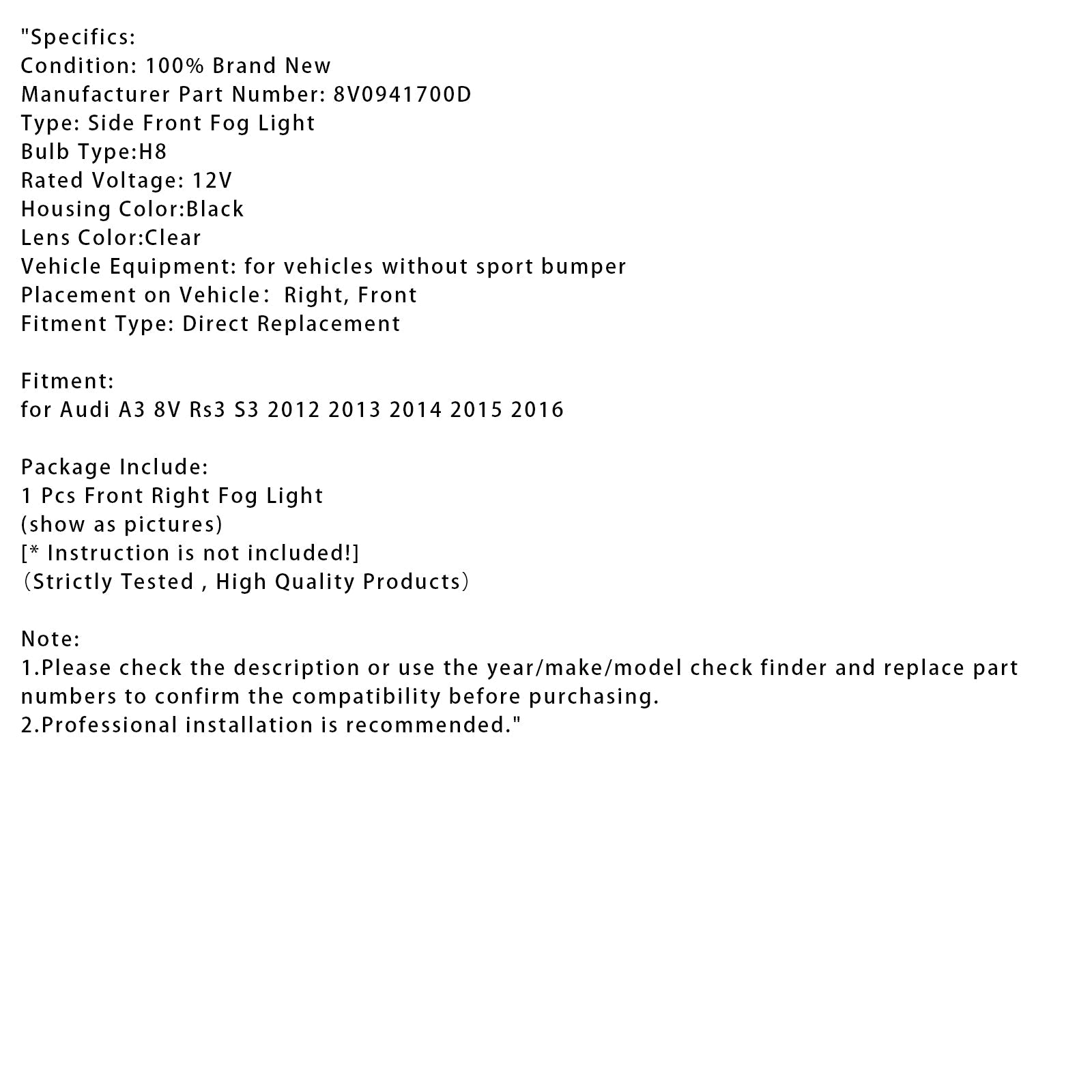 2012-2016 아우디 A3 8V RS3 S3 1개 앞좌석 오른쪽 안개등 램프(전구 포함)
