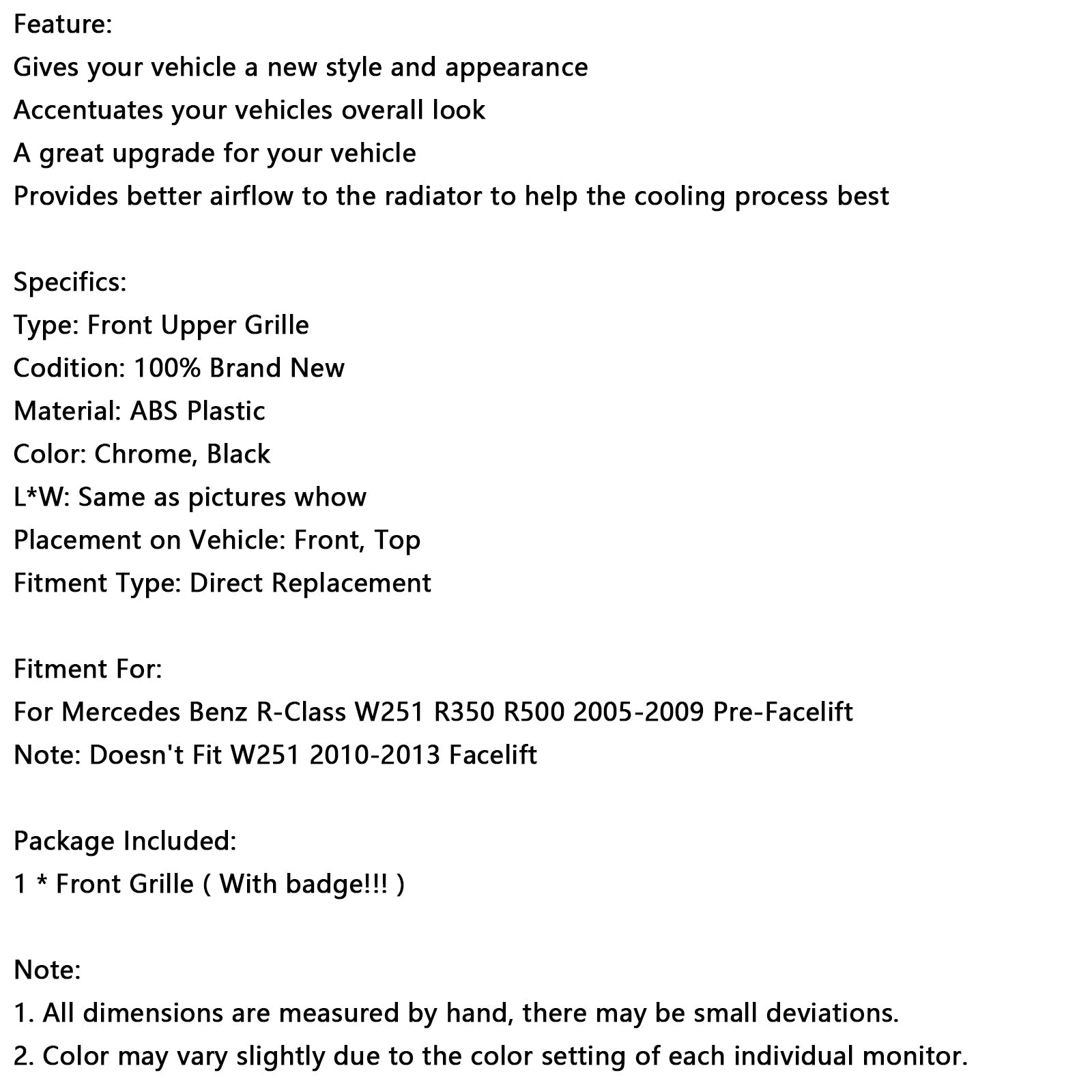 프론트 범퍼 그릴 그릴 핏 메르세데스-벤츠 R-클래스 W251 R350 R500 2005-2009