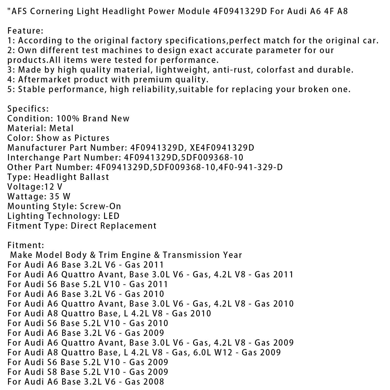 AFS Cornering Light Headlight Power Module 4F0941329D For Audi A6 4F A8