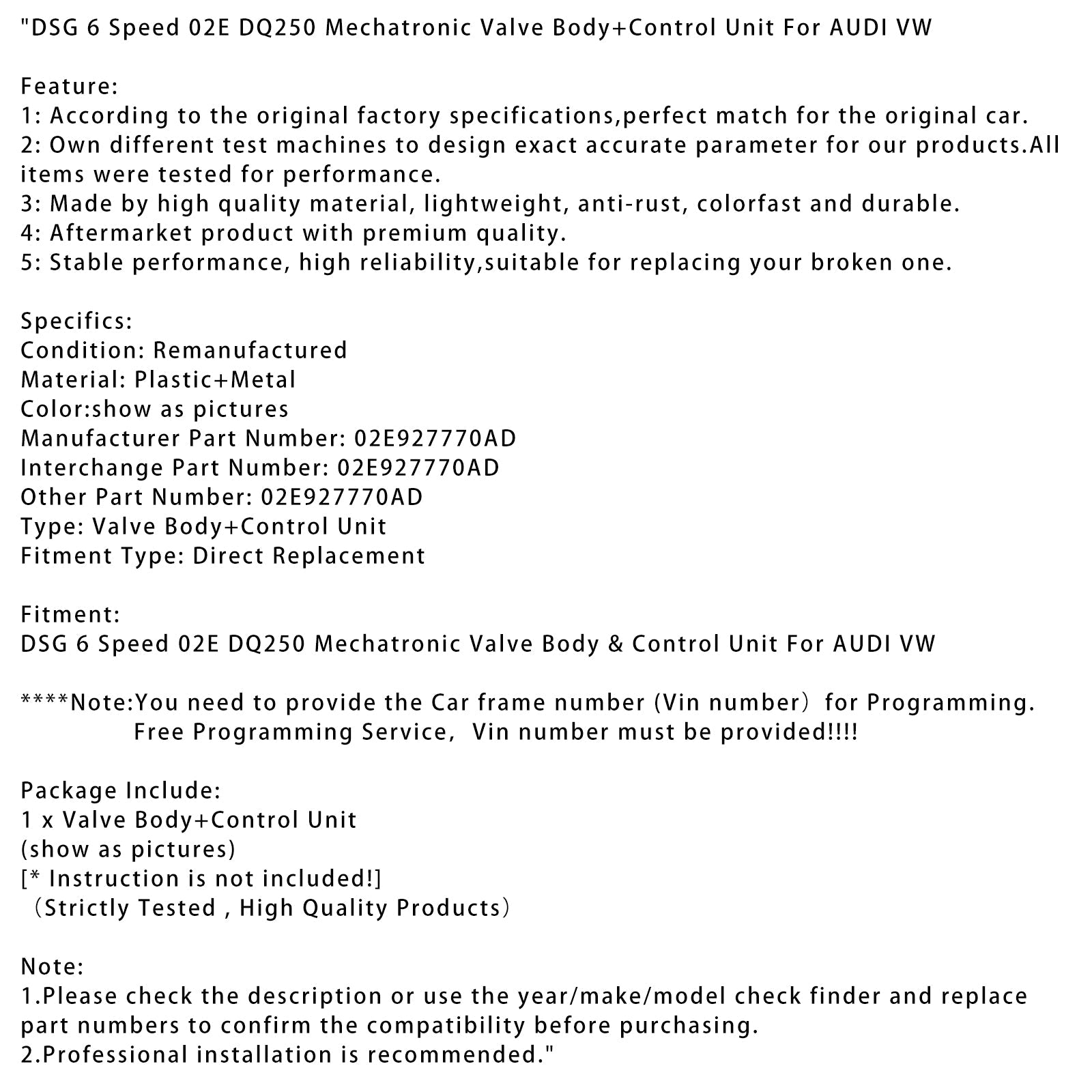 AUDI VW DSG 6 Speed 02E DQ250 Mechatronic Valve Body+Control Unit