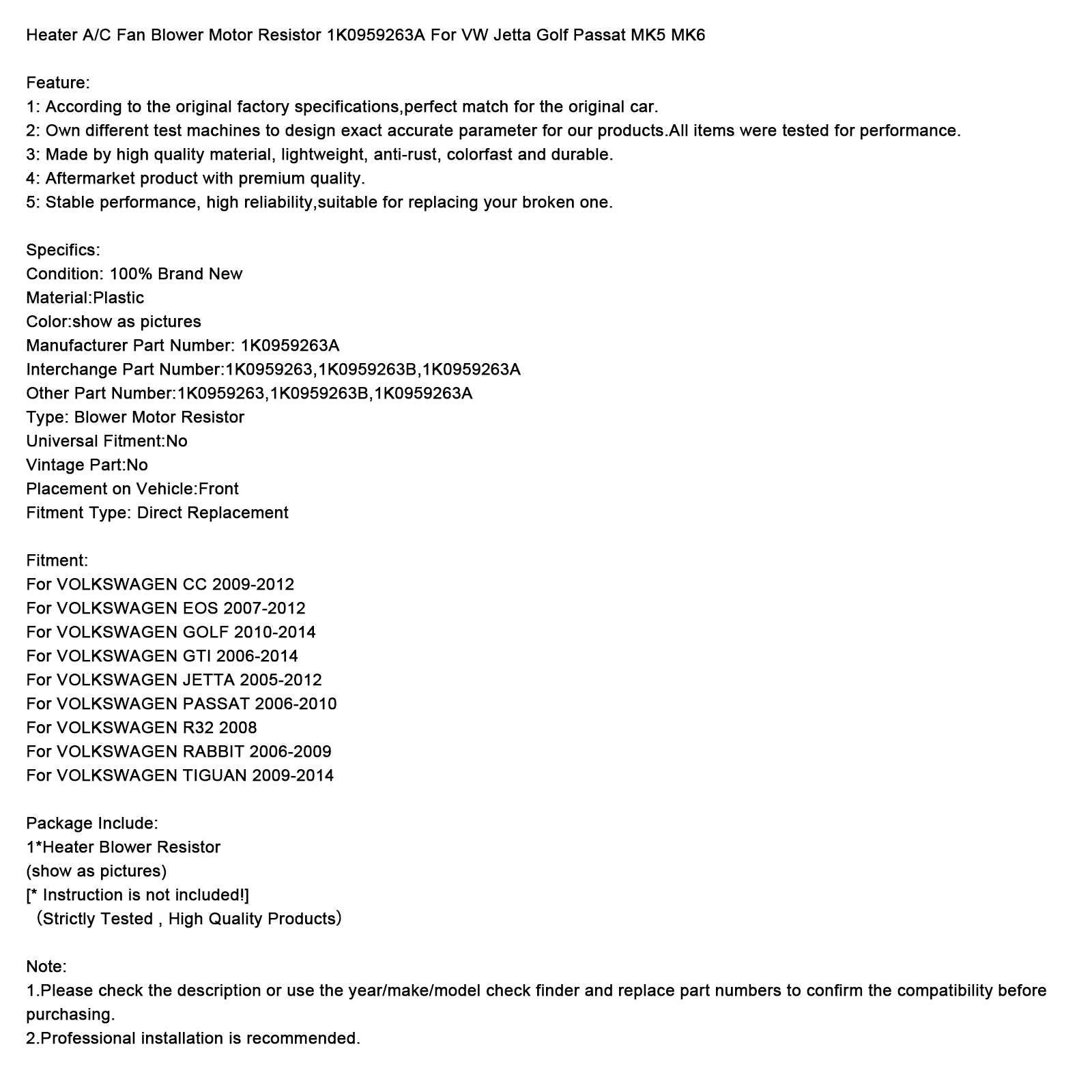 Heater A/C Fan Blower Motor Resistor 1K0959263A For VW Jetta Golf Passat MK5
