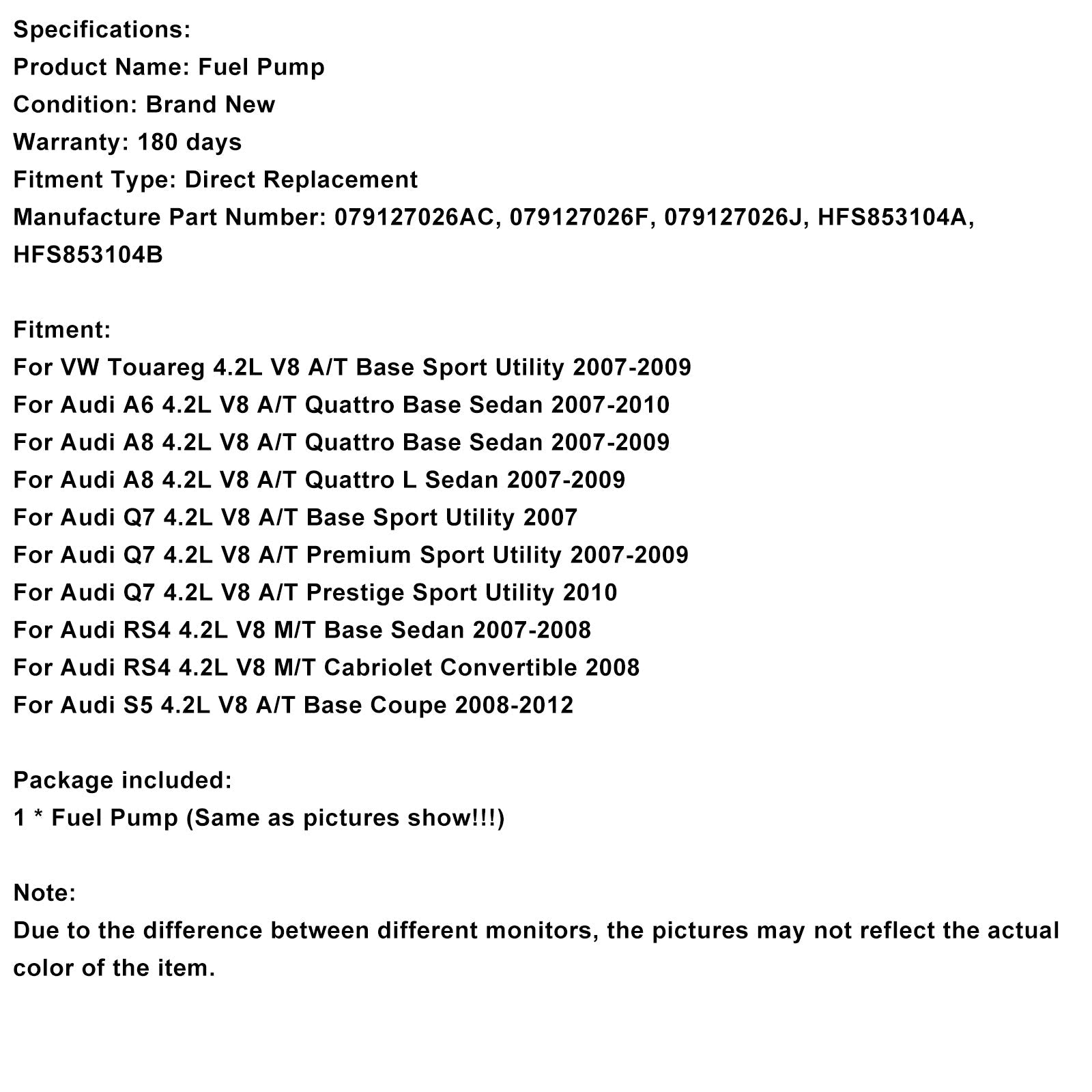 2008 Audi RS4 4.2L V8 M/T Cabriolet Convertible Right High Pressure Fuel Pump 079127026AC