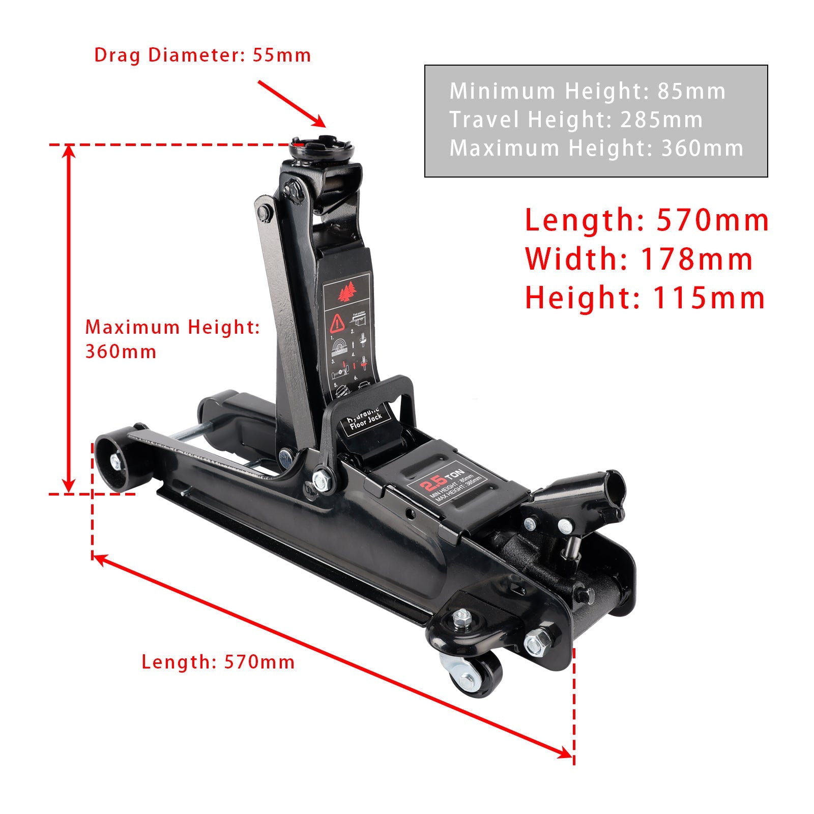 Low Profile Floor Jack 2.5 Ton (5500 lbs) 3.35"-14.17" Height Lifting Range