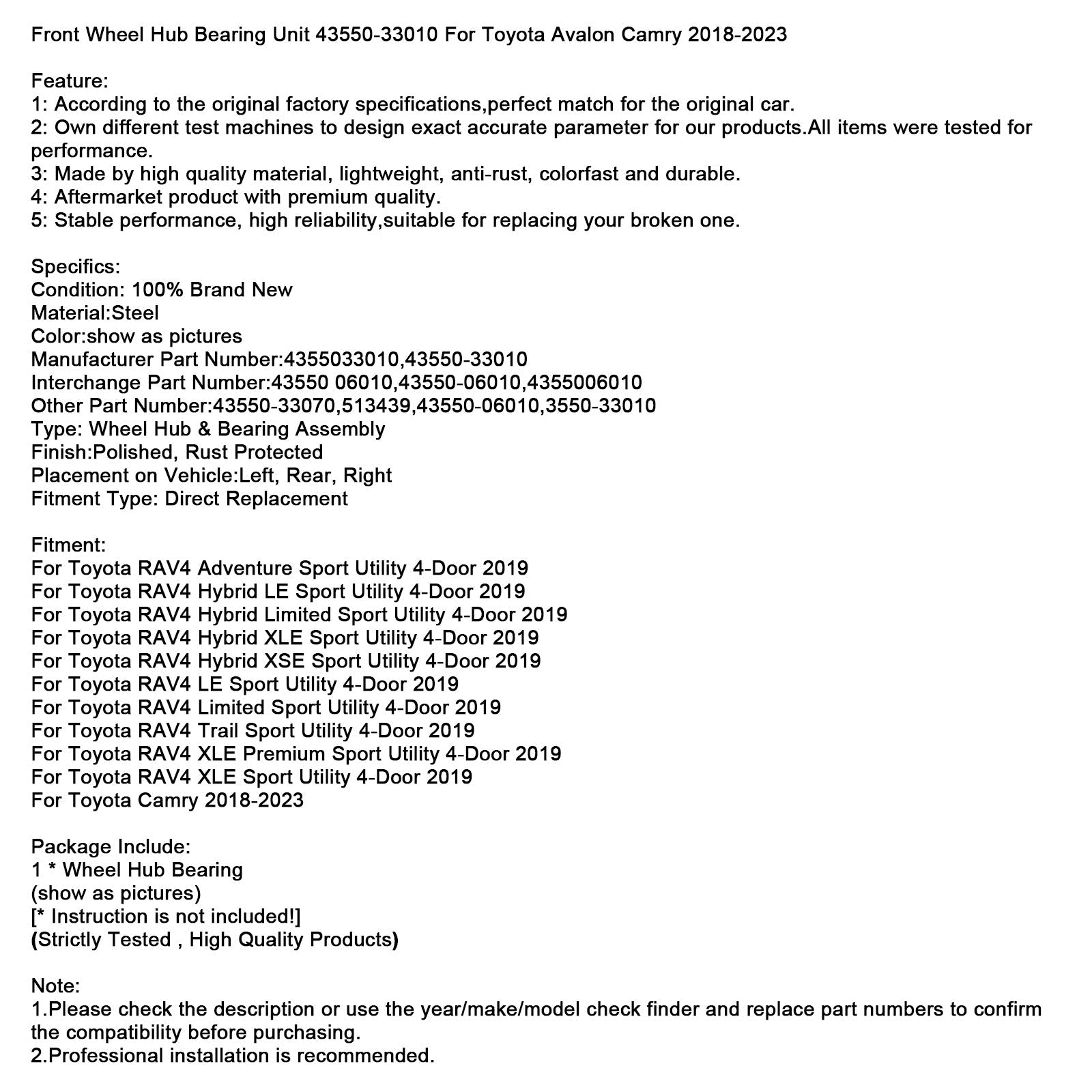 2018-2023 Toyota Camry Front Wheel Hub Bearing Unit 43550-33010