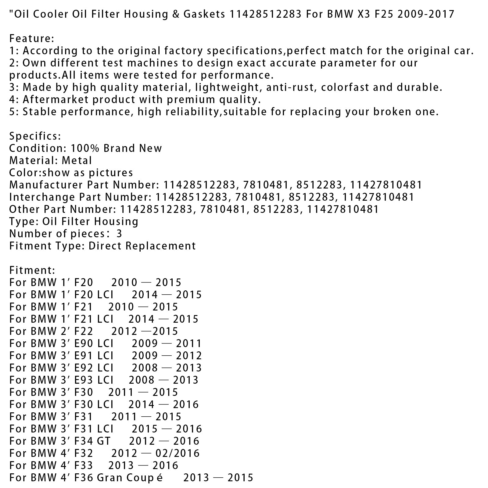 2009-2011 BMW 3' E90 LCI Oil Cooler Oil Filter Housing & Gaskets 11428512283