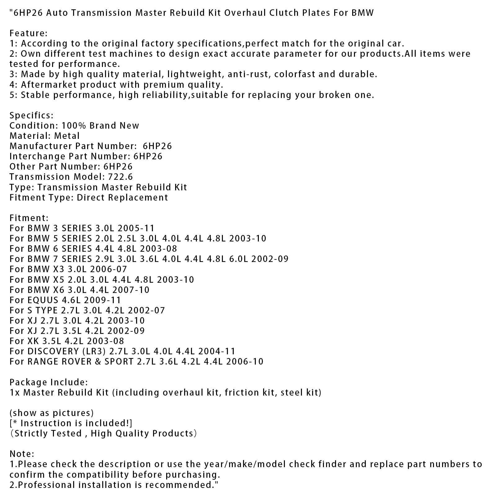 2003-2010 BMW X5 2.0L 3.0L 4.4L 4.8L Auto Transmission Master Rebuild Kit Overhaul Clutch Plates 6HP26