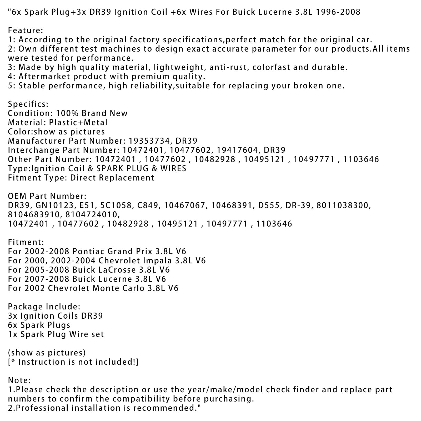 6x Spark Plug+3x DR39 Ignition Coil +6x Wires For Buick Lucerne 3.8L 96-08