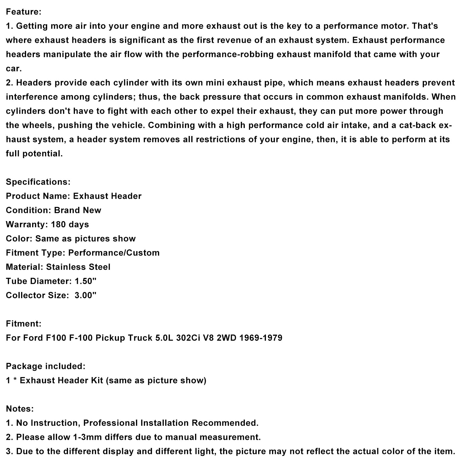 Exhaust Manifold Header Fit Ford F100 5.0L 302W Pickup Truck 2WD 1969-1979