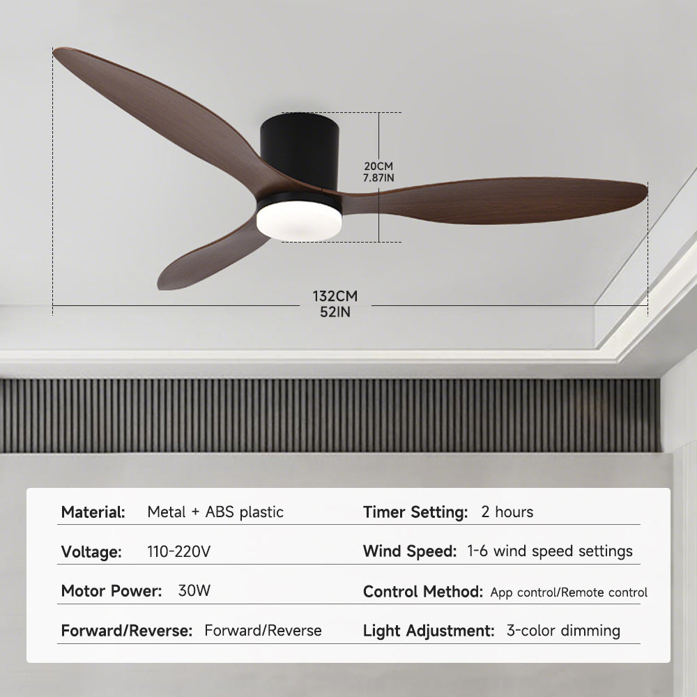 Ceiling Fans with Lights Flush Mount Dimmable LED for Bedroom DC Reversible Motor Indoor/Outdoor Use 52 Inch Low Profile Ceiling Fan with Remote/App Control