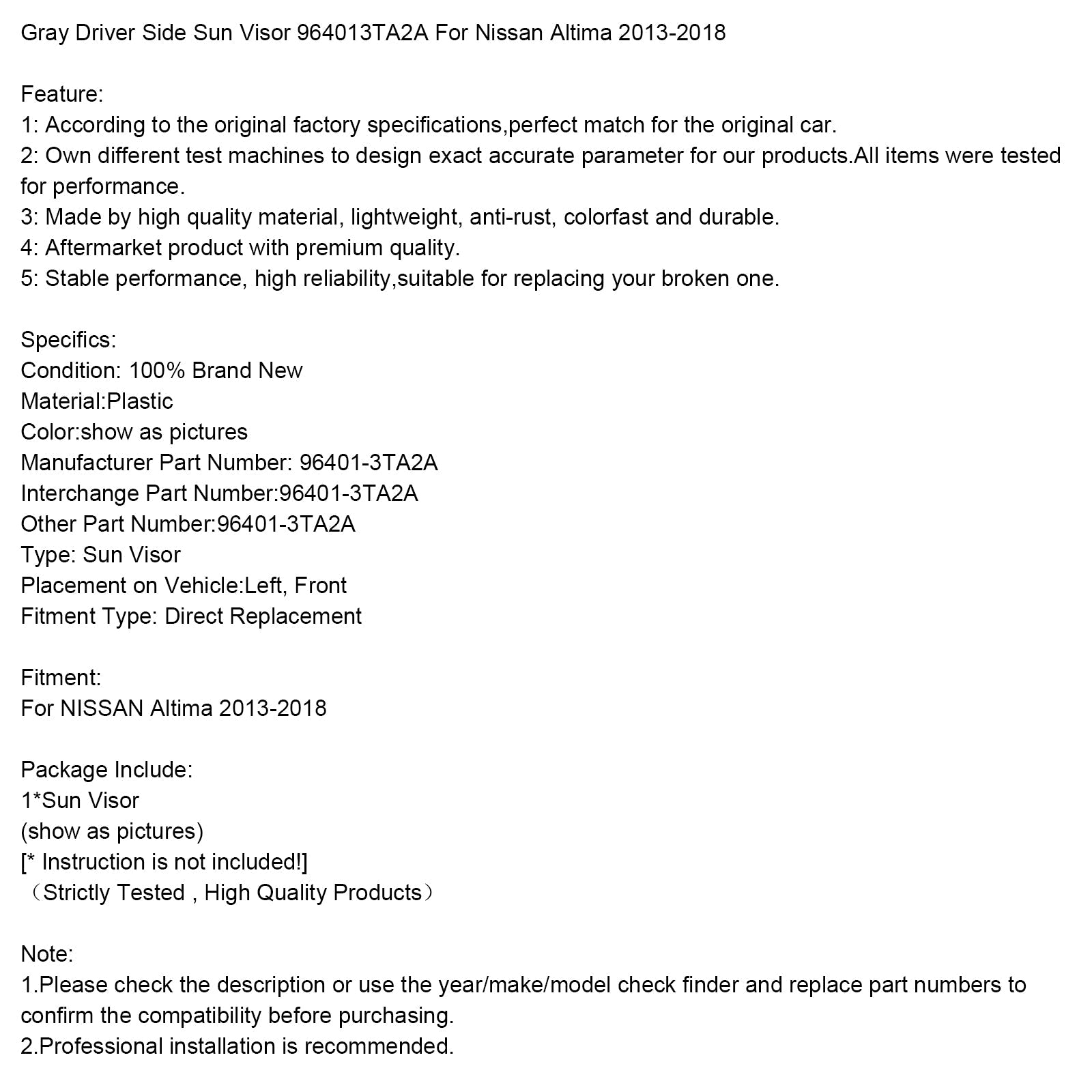 2013-2018 Nissan Altima Gray Left Side Sun Visor 964013TA2A