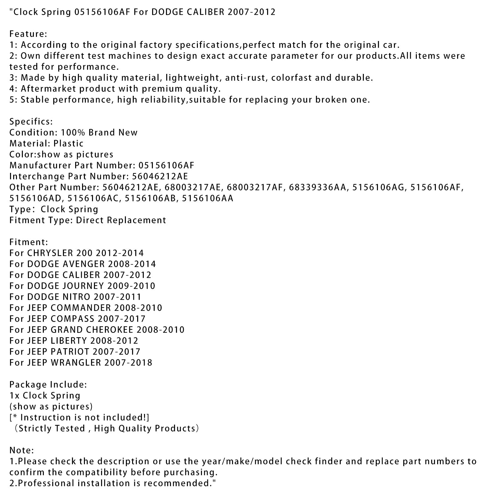 Clock Spring 05156106AF For DODGE CALIBER 2007-2012