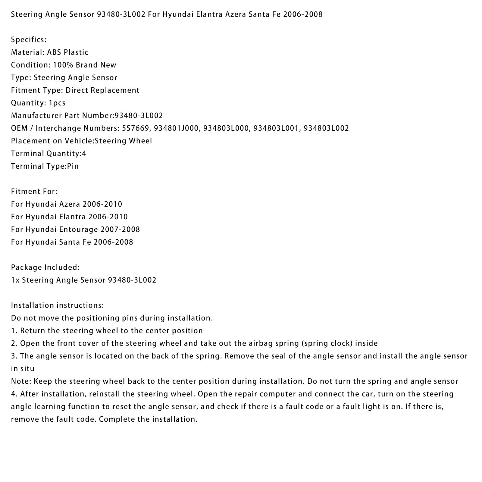Steering Angle Sensor 93480-3L002 For Hyundai Elantra Azera Santa Fe 2006-2008