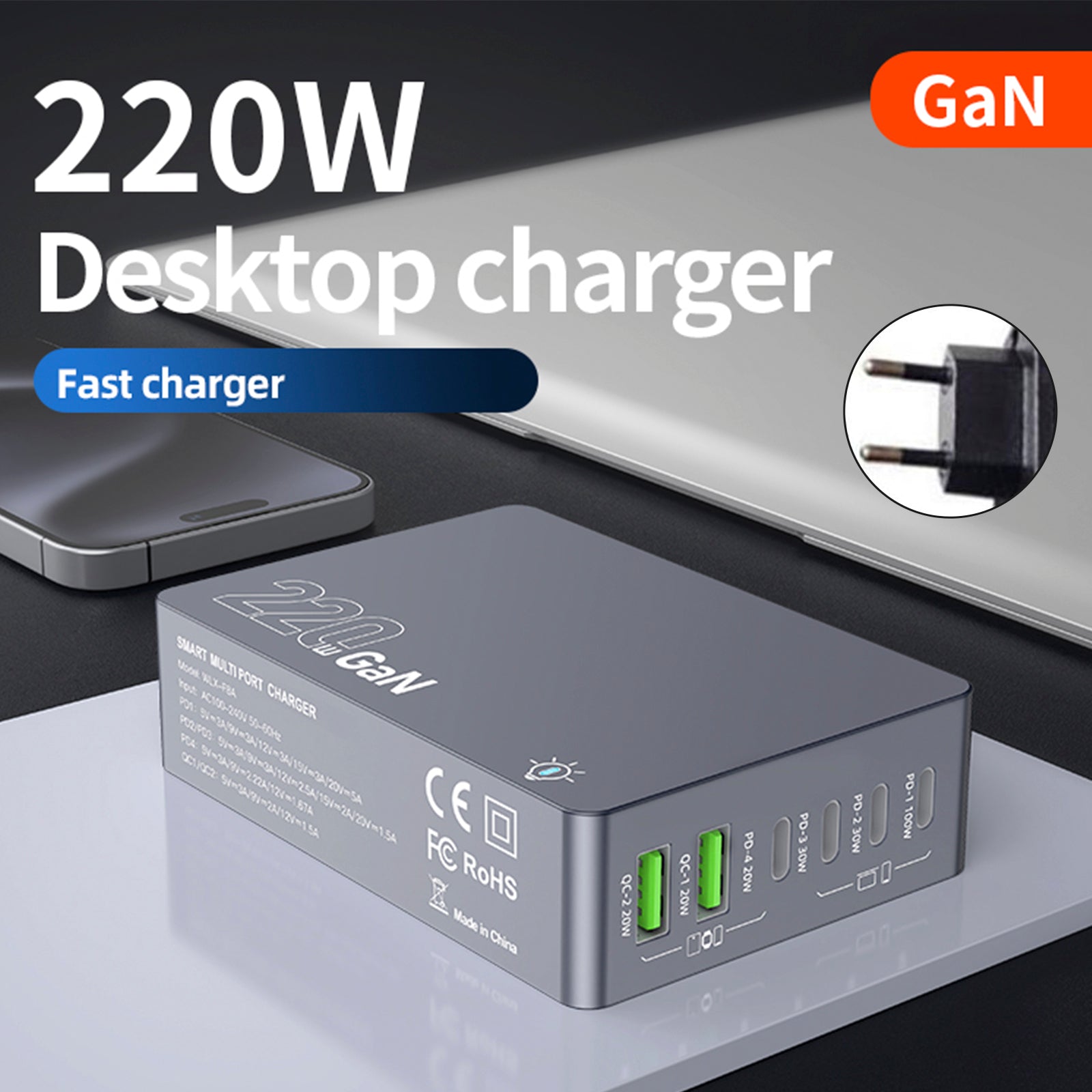 F8A Desktop Charging Station USB 6-Port Fast Charger PD100W Charging Stand Smart Charger EU Plug
