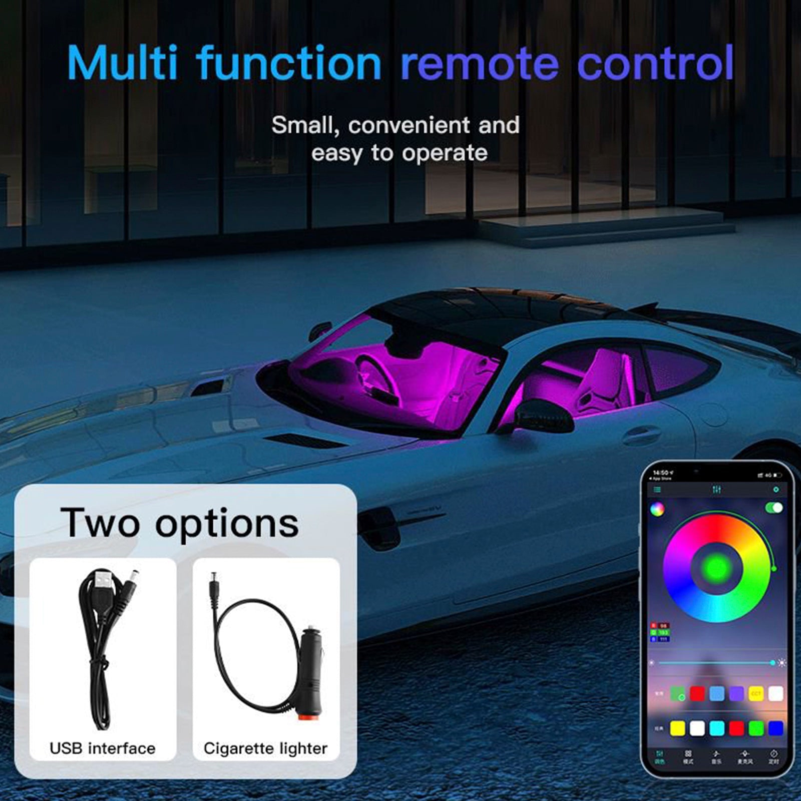 Car Interior Footwell Atmosphere RGB LED Strip Lights With Remote+ APP Control