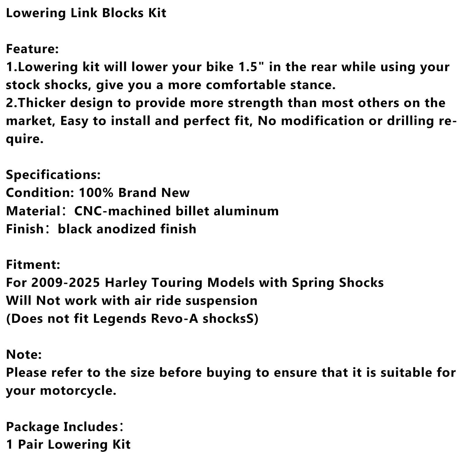 2009-2025 Touring Street Glide Road King Electra 1.5" Lowering Link Blocks Kit