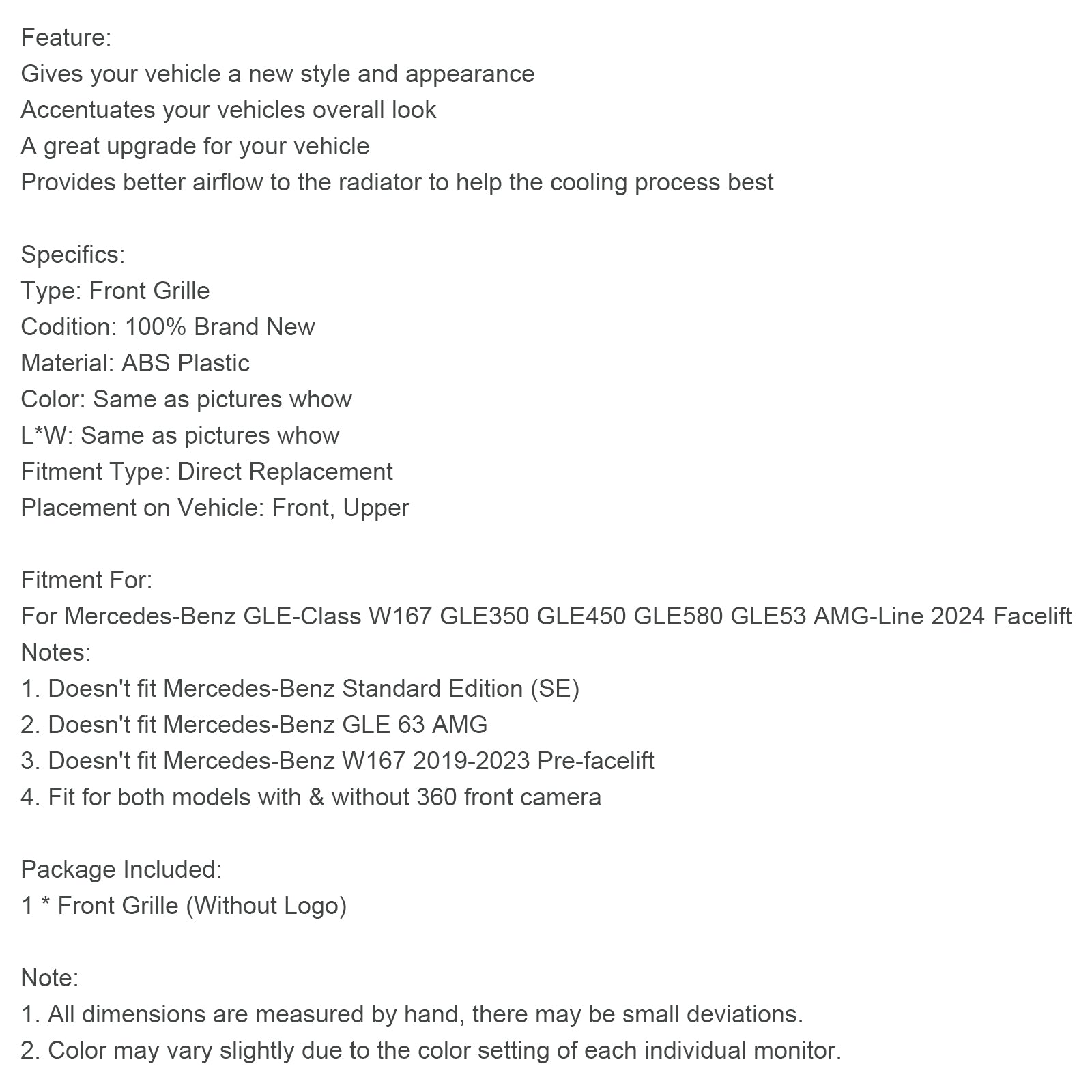 메르세데스 벤츠 프론트 범퍼 그릴 W167 GLE350 GLE450 AMG-라인 2024