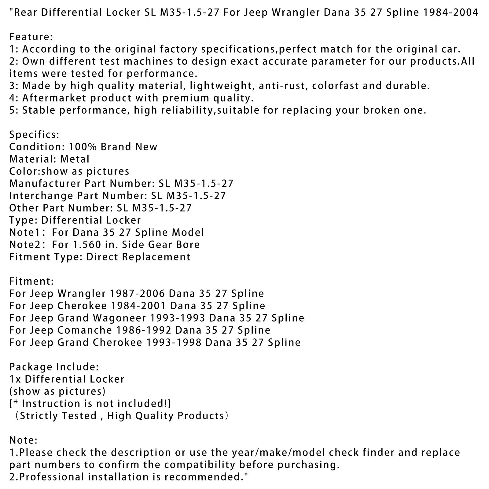 Rear Differential Locker SL M35-1.5-27 For Jeep Wrangler Dana 35 27 Spline 84-04