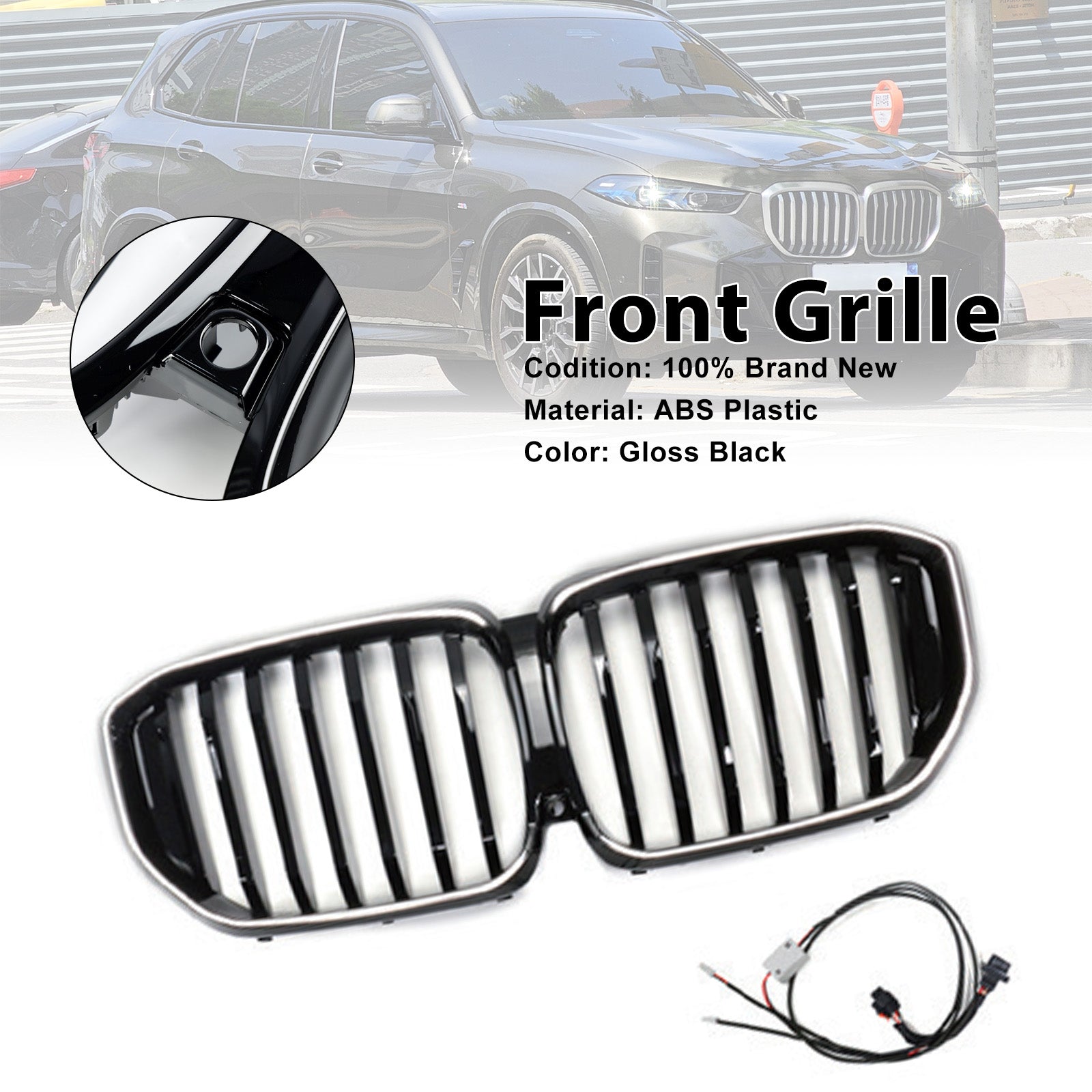For BMW G05 LCI X5 2024+ Single Line W/LED Gloss Black Front Bumper Grille Grill