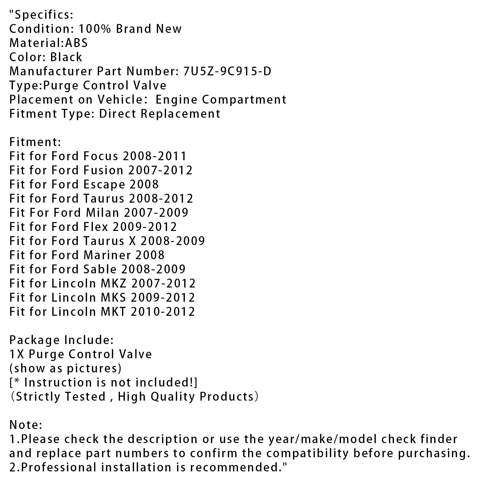 EVAP Vapor Canister Purge Control Valve For Ford Focus Fusion 7U5Z-9C915-D