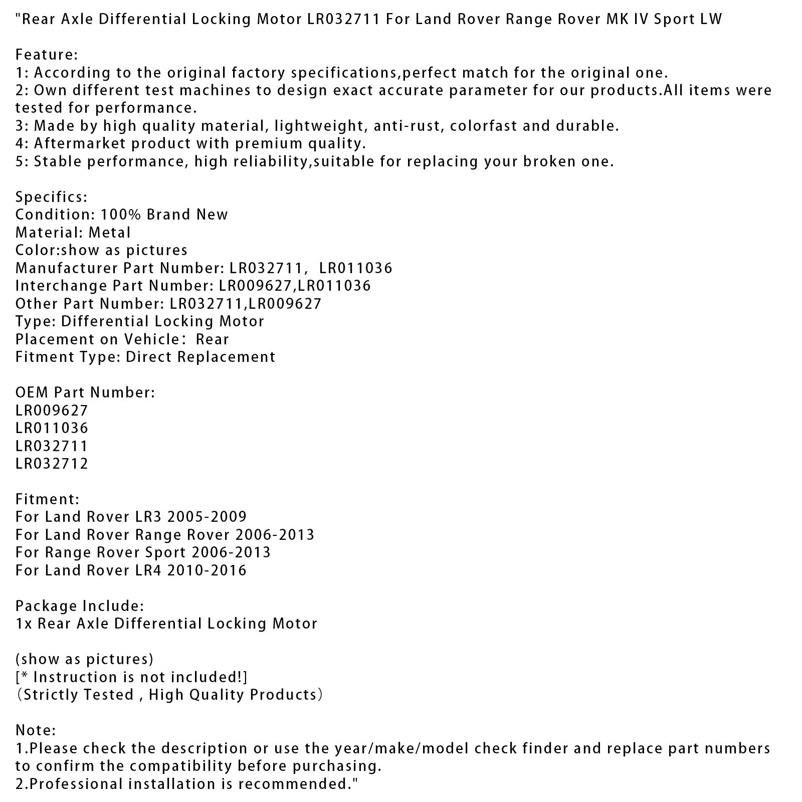 Rear Axle Differential Locking Motor LR032711 For Land Rover Range Rover MK IV
