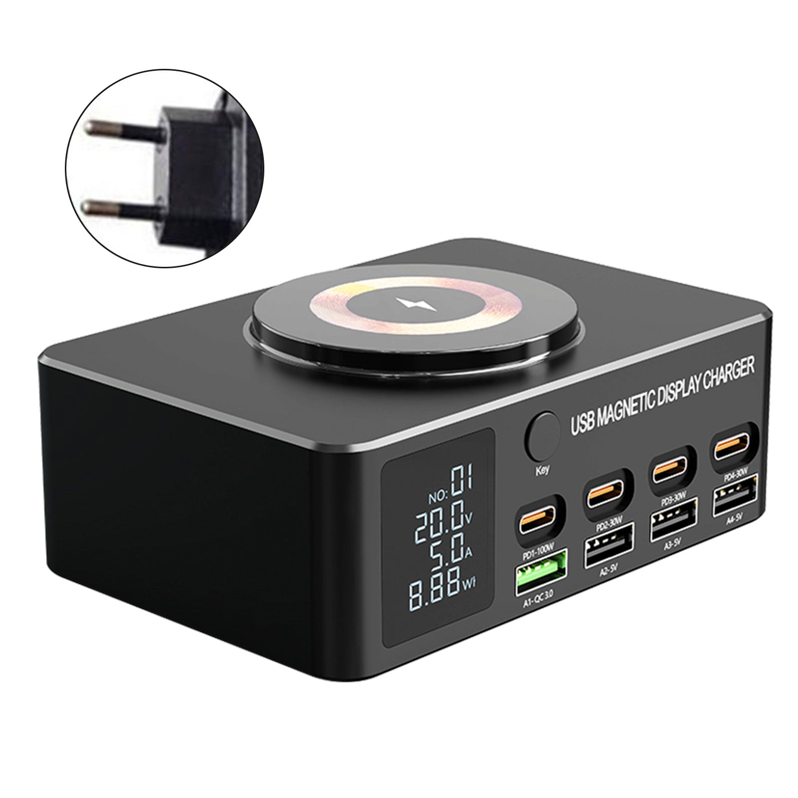 140W Fast Charging Charger Intelligent Digital Display PD100W Mobile Phone Notebook Magnetic Wireless Charging Multi-Port USB Charger EU Plug