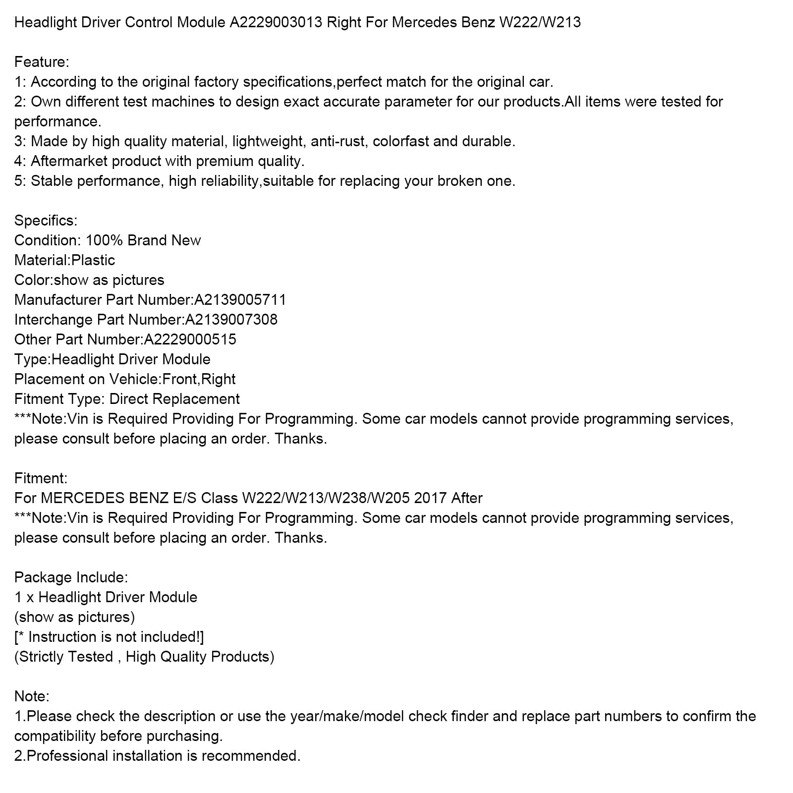 2017+ MERCEDES BENZ E/S Class W222/W213/W238/W205 Headlight Driver Control Module A2229003013 Right