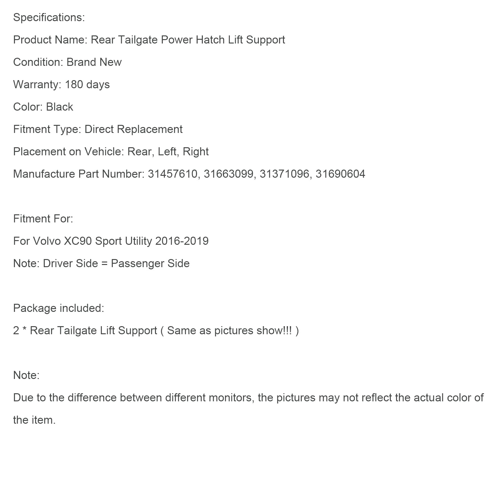 2016-2019 Volvo XC90 Sport Utility 2PCS Rear Tailgate Power Lift Support