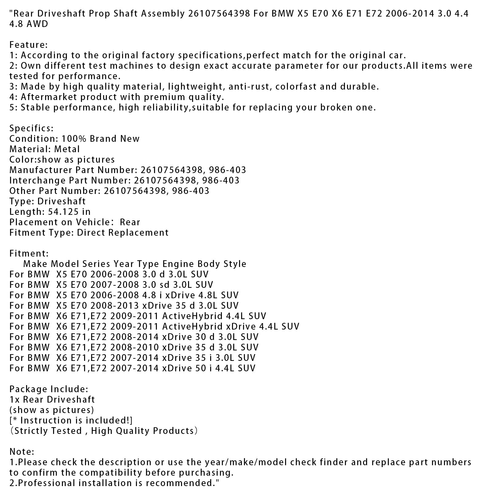 2009-2011 BMW X6 E71,E72 ActiveHybrid 4.4L SUV Rear Driveshaft Prop Shaft Assembly 26107564398