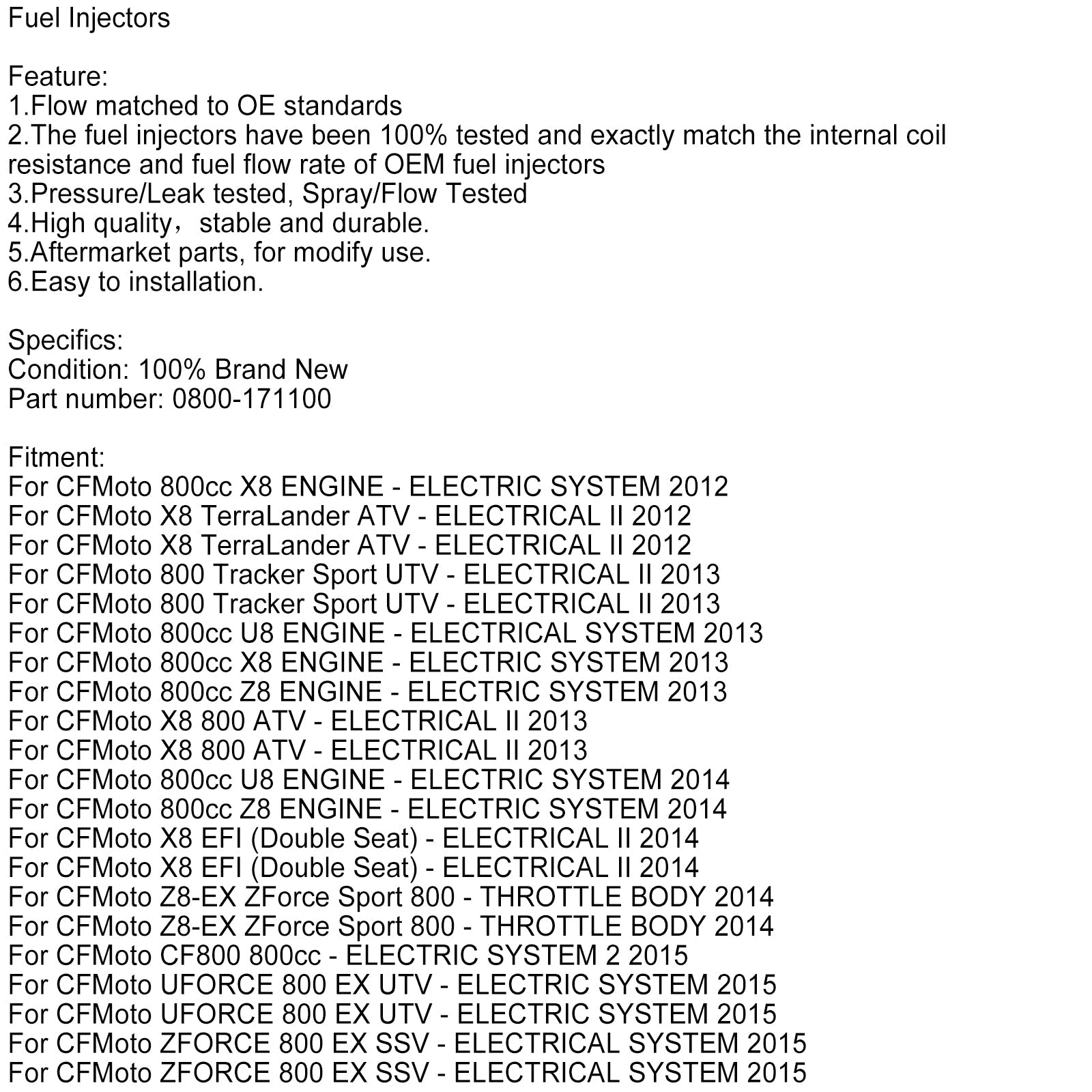 CFMOTO X8 800 CForce UForce Zforce 800-EX 12-19용 0800-171100 연료 인젝터 2개