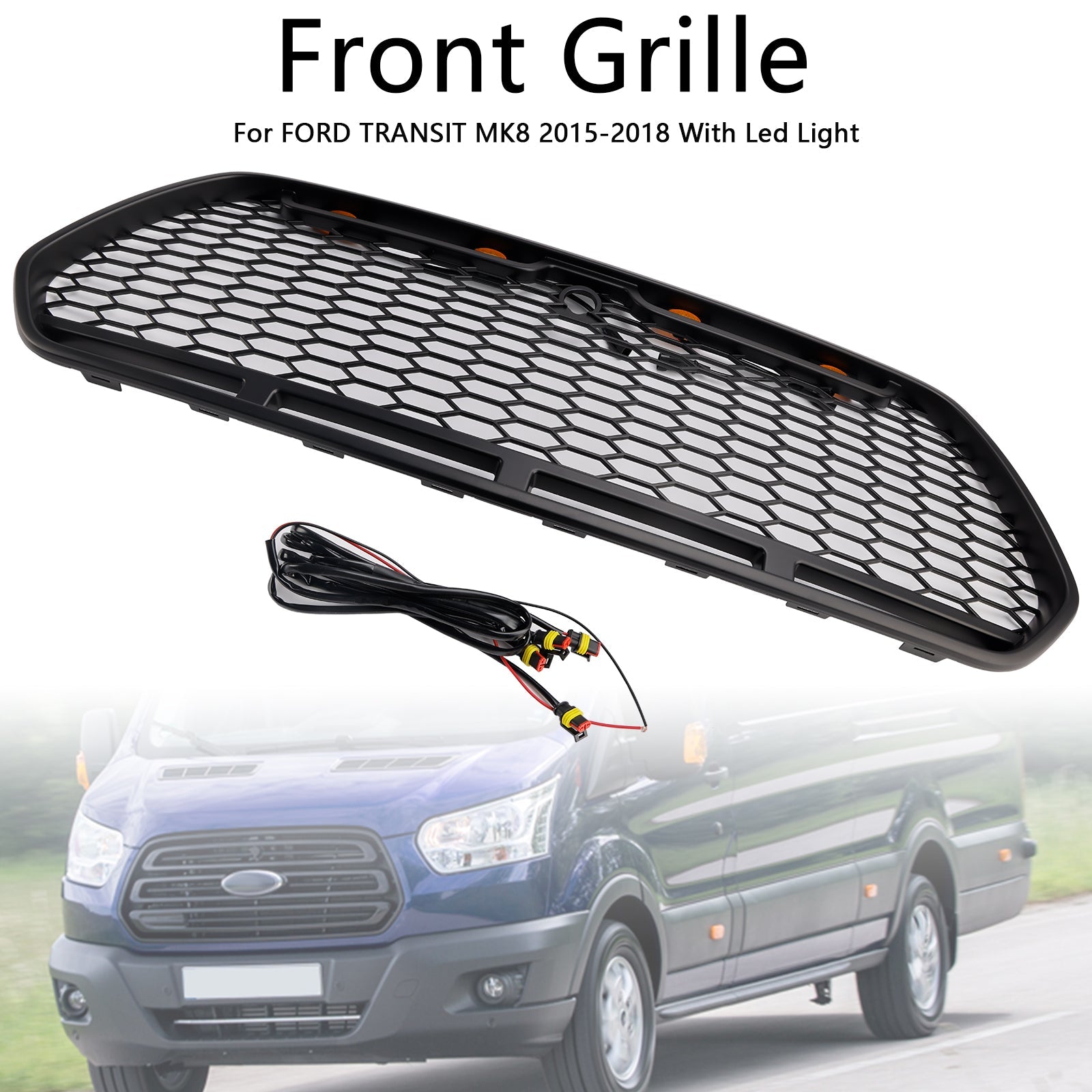2015-2018 Ford Transit MK8 Raptor w/LED Matt Black Front Bumper Grill Grille