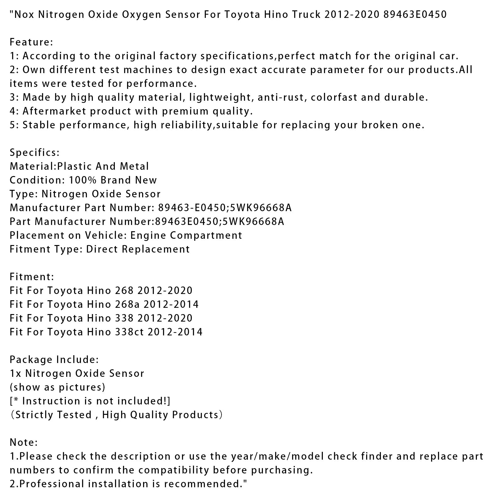 2012-2020 Toyota Hino 338 Nox Nitrogen Oxide Oxygen Sensor 89463E0450