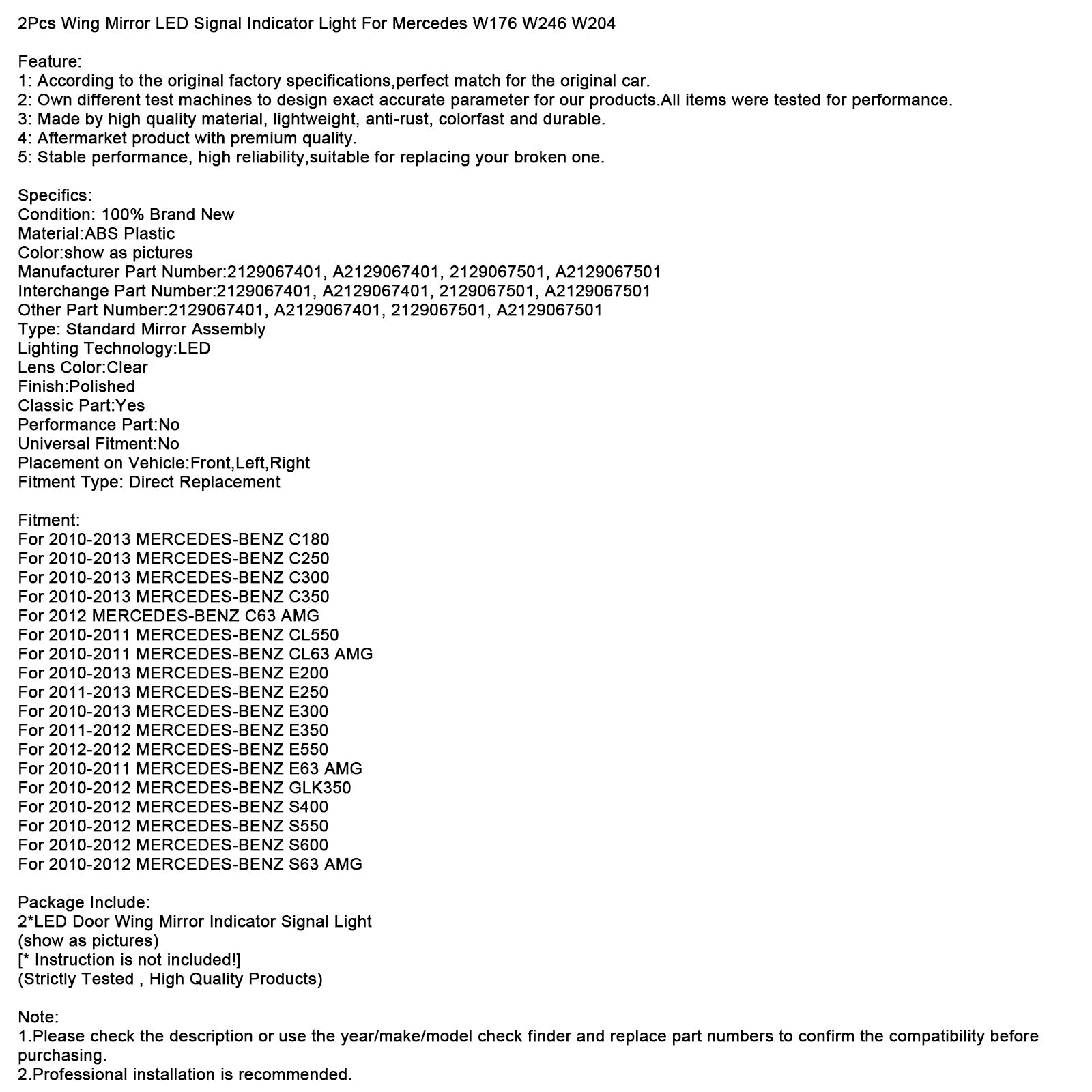 2Pcs Wing Mirror LED Signal Indicator Light For Mercedes W176 W246 W204