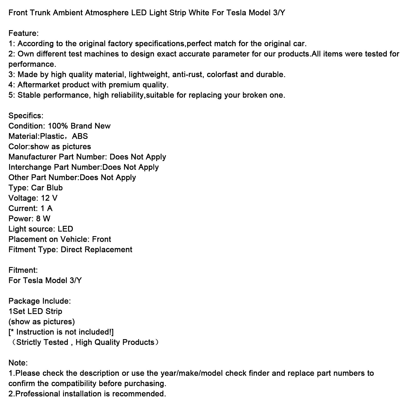 Front Trunk Ambient Atmosphere LED Light Strip White For Tesla Model 3/Y