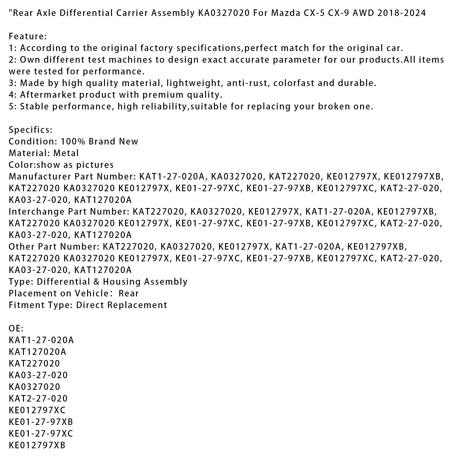 2018-2024 Mazda CX-5 (AWD) Rear Axle Differential Carrier Assembly KA0327020 KE012797XB
