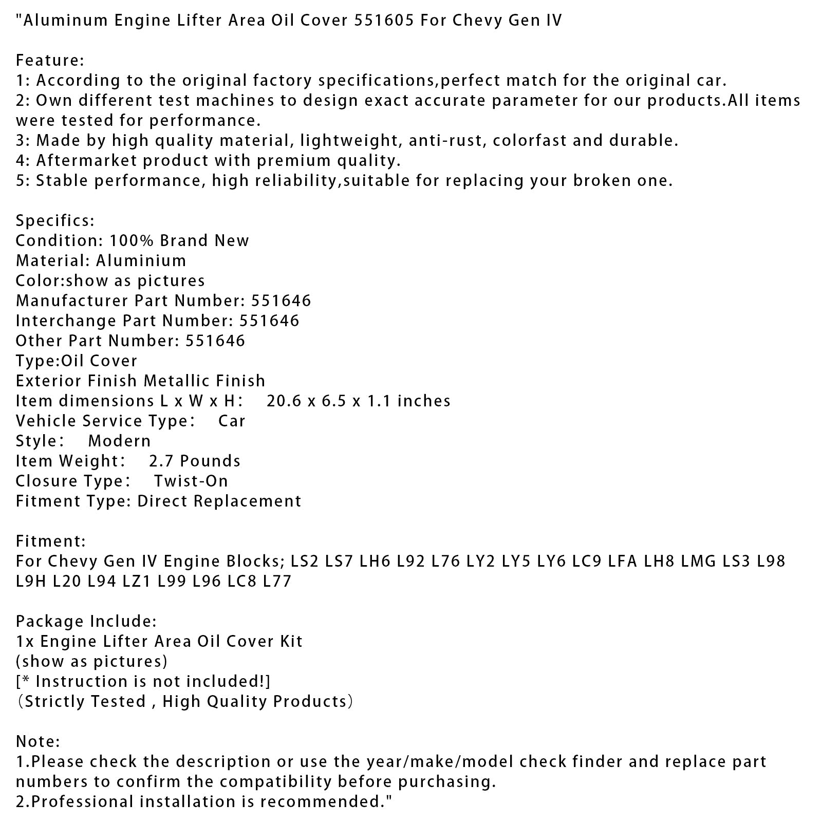 Billet Aluminum Engine Lifter Area Oil Cover 551605 For Chevy Gen IV