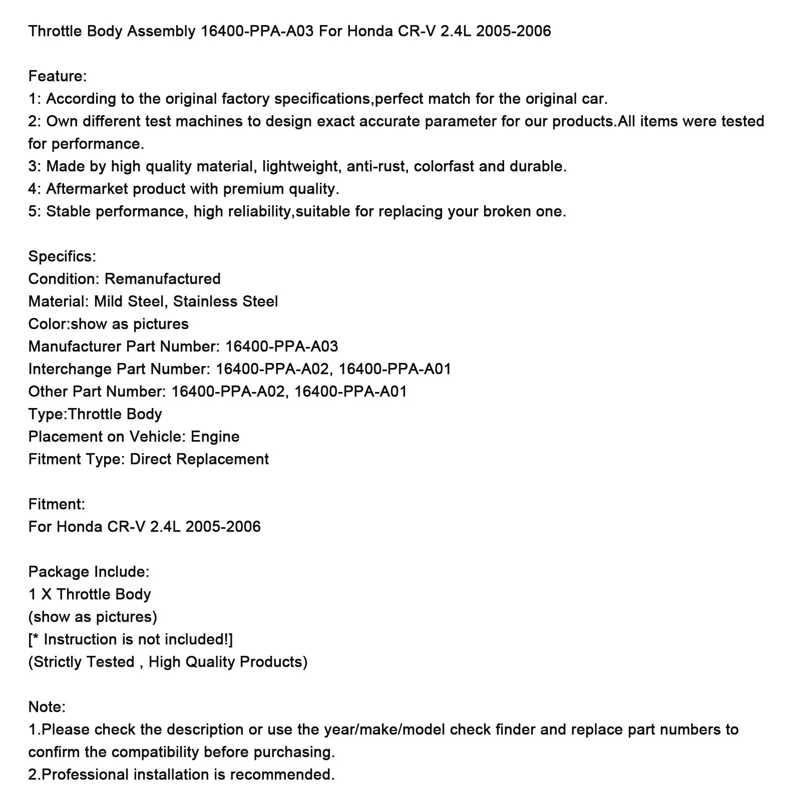 2005-2006 Honda CR-V 2.4L Throttle Body Assembly 16400-PPA-A03