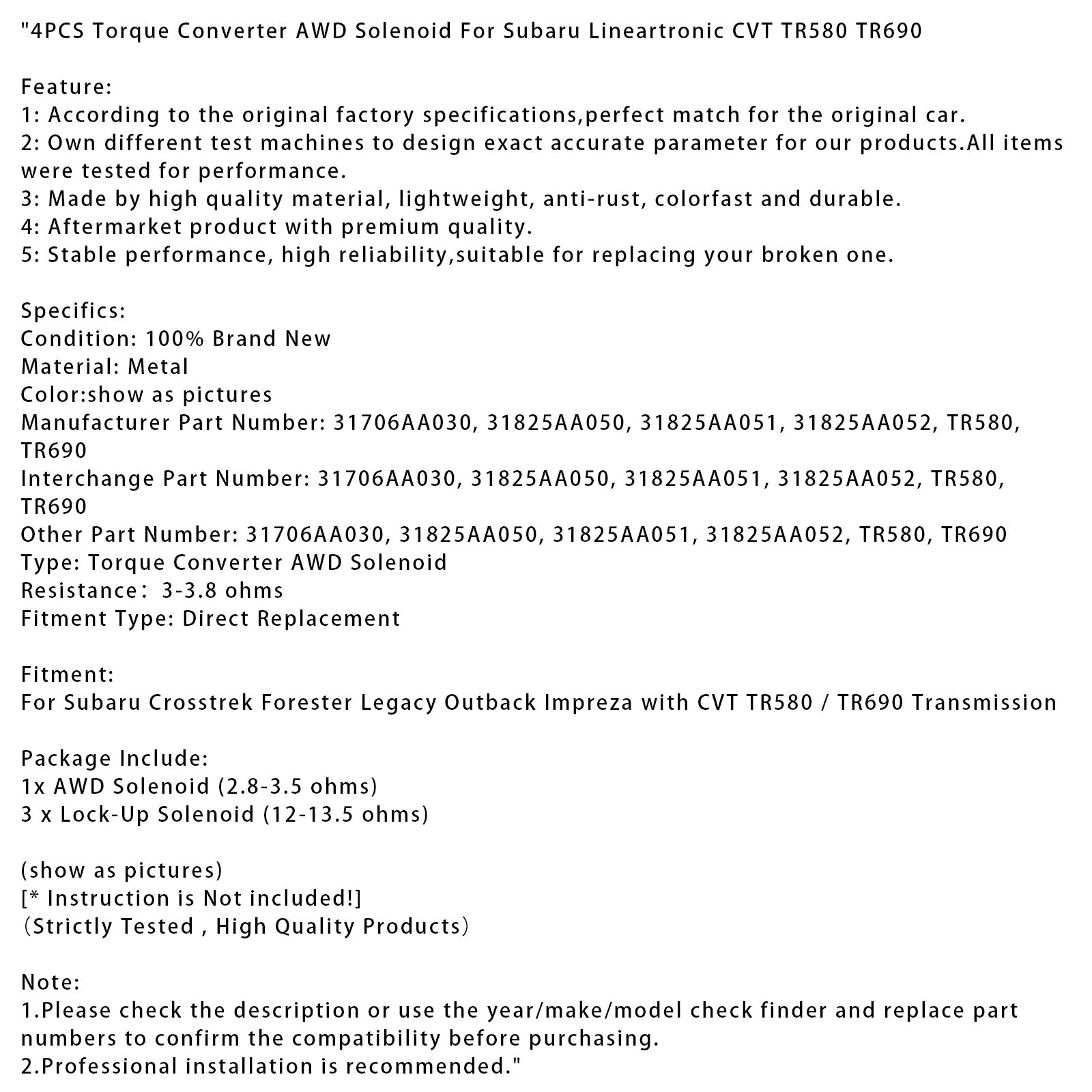 Subaru Lineartronic CVT TR580 TR690 4PCS Torque Converter AWD Solenoid