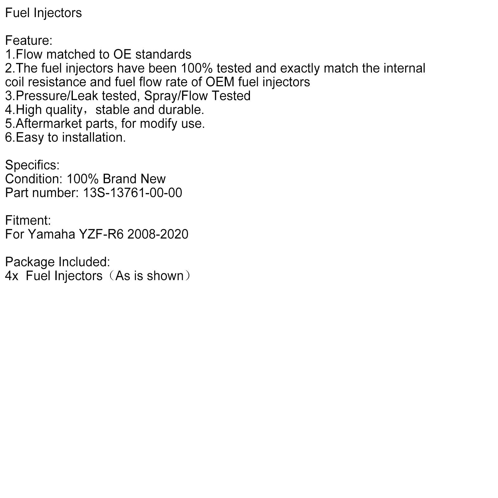 2008-2020 Yamaha YZFR6 YZF-R6 4PCS Fuel Injectors 13S-13761-00-00